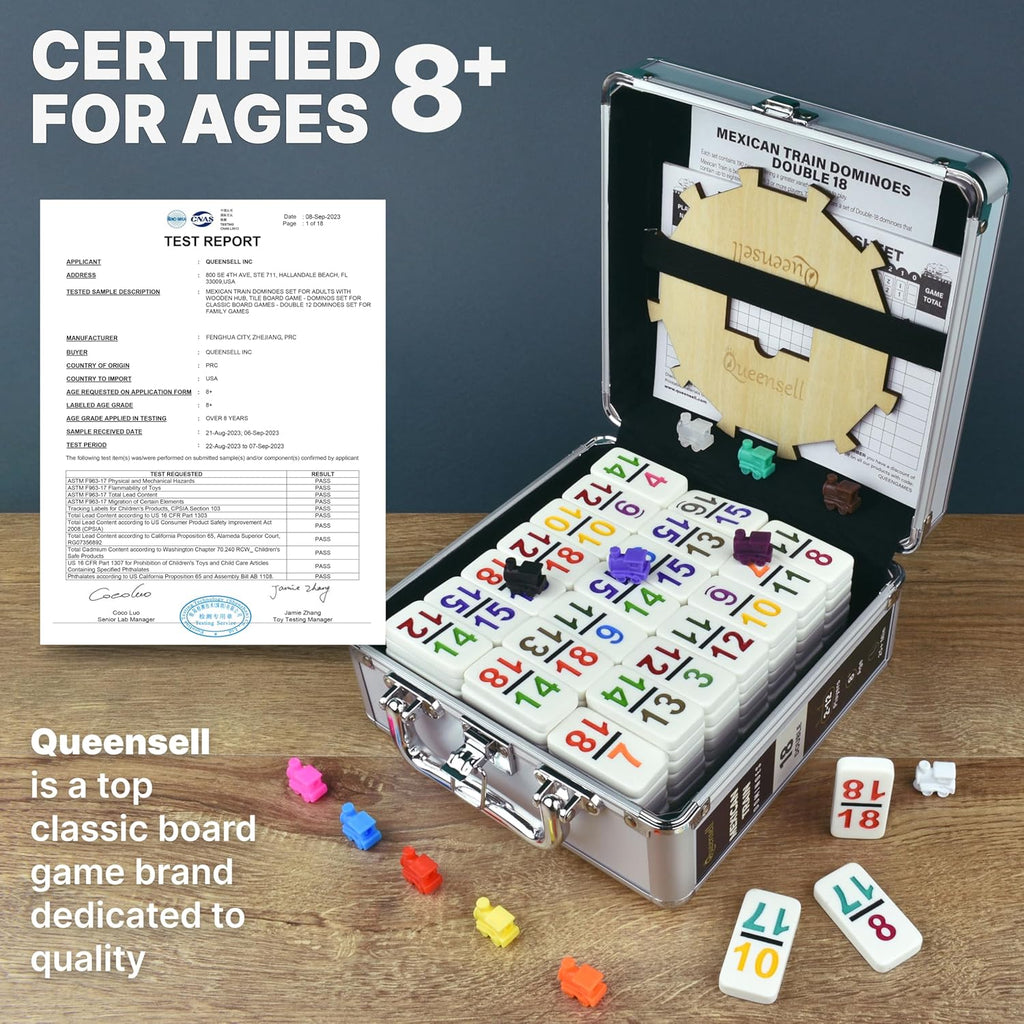 Queensell Mexican Train Dominoes Set with Numbers - Double 18 Dominos Set for Adults and Kids - Mexican Dominoes Train Game Night Games for Adults with Wooden Hub and Aluminum Case