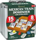 Queensell Mexican Train Dominoes Set Double 15 with 8 Holders - Wooden Hub and Tiles Holders - Double 15 with Dots (D15 + 8 Holders)