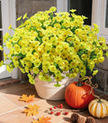 Fake Mums Fall Artificial Flowers Plants for Outdoors Autumn Decoration, 12 Bundles Yellow Silk Morning Glory with Eucalyptus Realistic UV Resistant Faux Flowers for Outside Planter Yard Garden Porch
