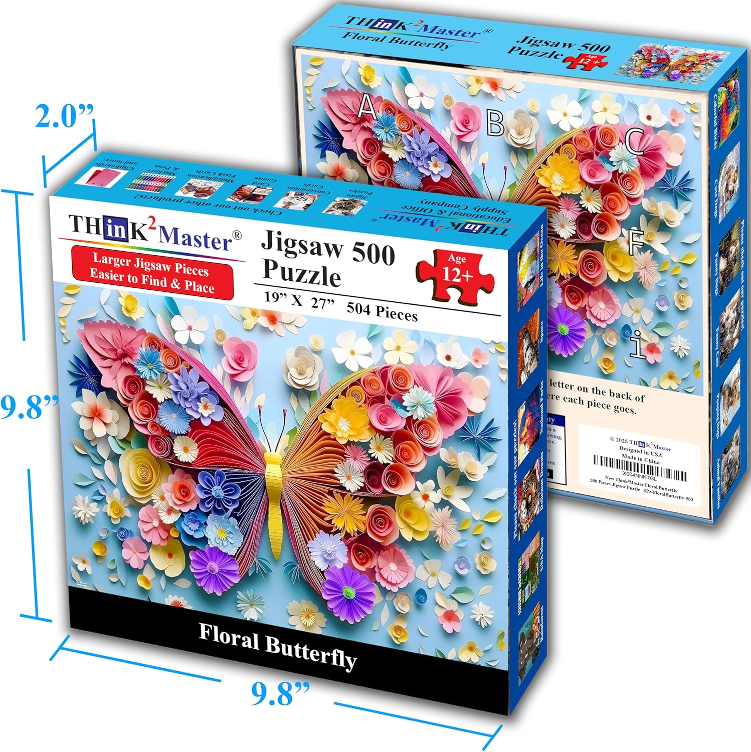 Think2Master Colorful Vibrant Flower Butterfly 500 Pieces Large Format Jigsaw Puzzle: Kids 12+, Teens, Adults & Families. Paper Art High Resolution. Great Gift. Size: 26.8” X 18.9”