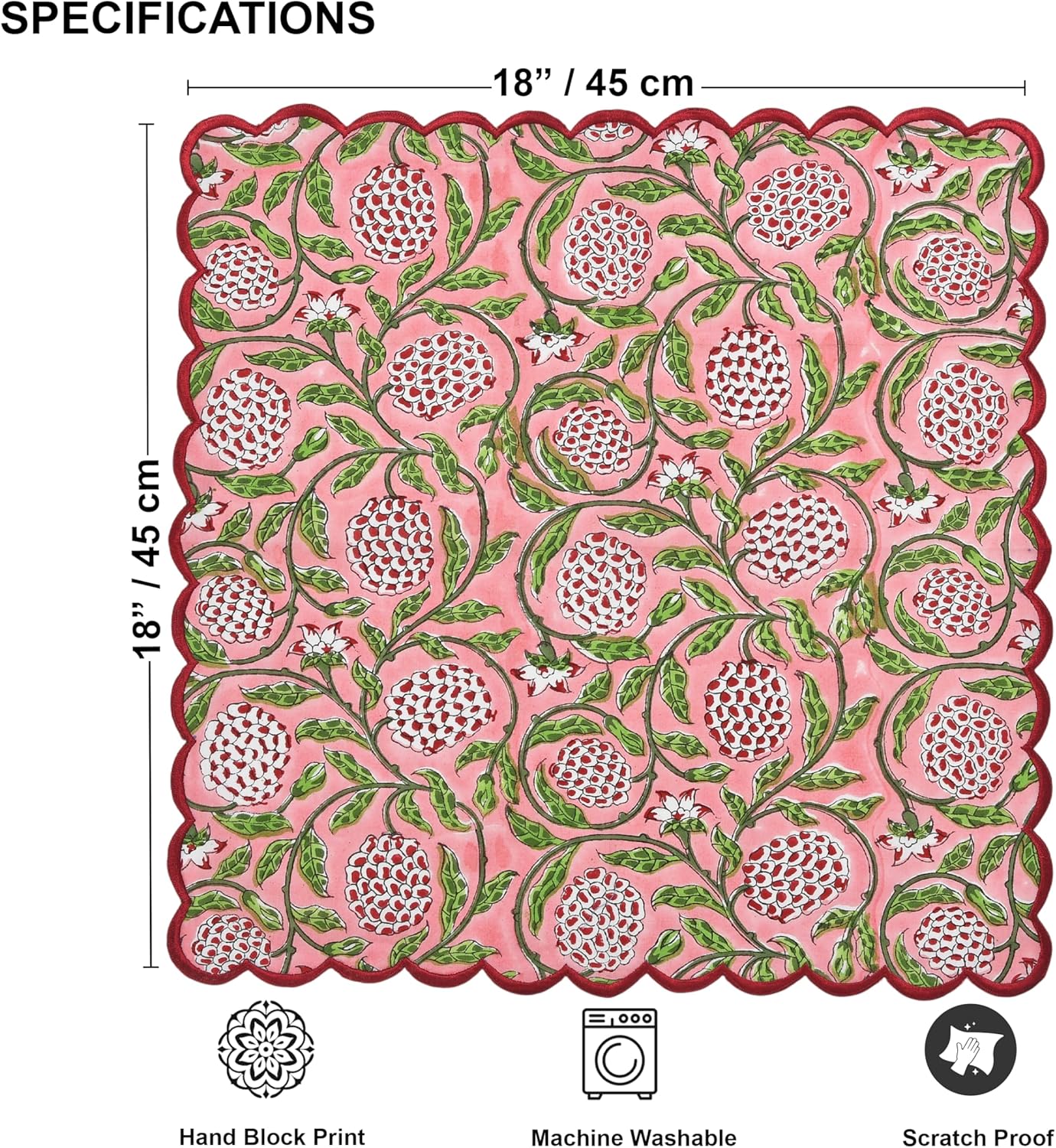 Ridhi Strawberry Pink Hand Block Print Napkins 18" x 18" Set of 4 Reusable Cotton Dinner Napkins for Weddings, Parties & Everyday Dining, Thanksgiving, Christmas, Fall