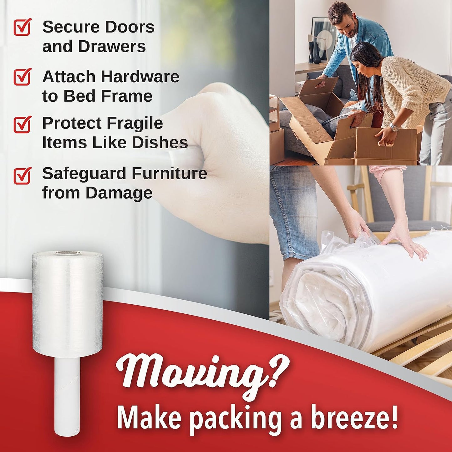 8 Pack Industrial Strength Mini Hand Stretch Wrap 5" 1000 Ft. Roll 80 Gauge Thick, Shrink Wrap Roll for Moving Supplies, Furniture, Pallets, Plastic Wrap for Packing, Heavy Duty Stretch Film