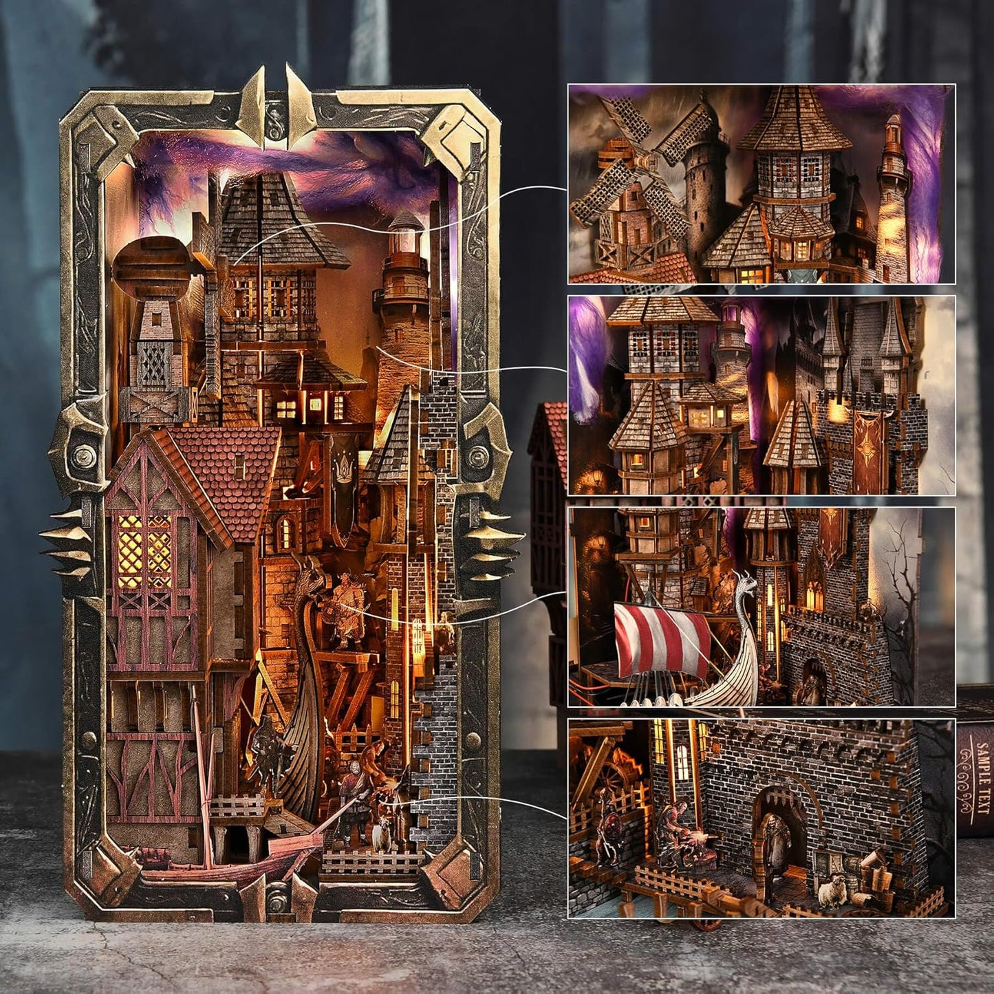 DIY Viking Book Nook Kit, Miniature House Dollhouse Kit for Adult and Teens, Booknook Bookend Tiny House Model Build Bookshelf Insert Decor 3D Wooden Puzzle, Gifts for Family, Friends