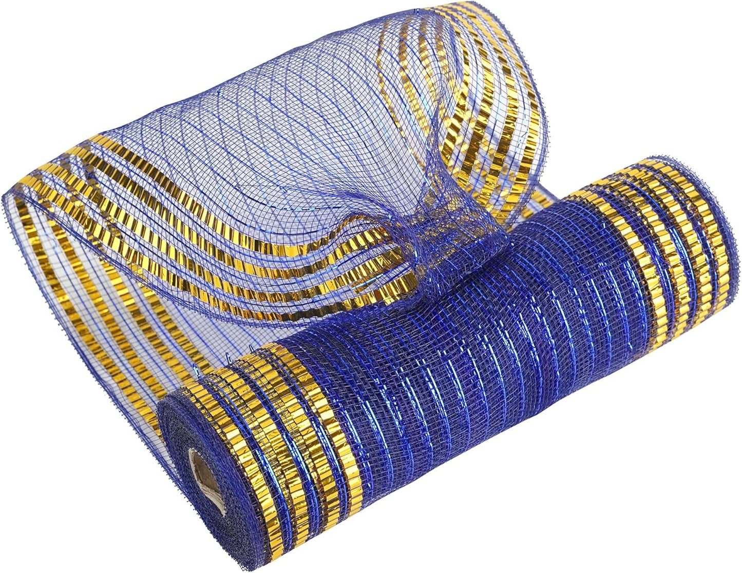 MEEDEE Navy Deco Mesh 10 Inch Deluxe Wide Foil Gold Border Mesh Metallic Mesh Fabric Navy Blue & Gold Mesh Ribbon for Christmas Tree, Wreaths, Garland, Gift Wrapping, Bows Making (30 Feet)