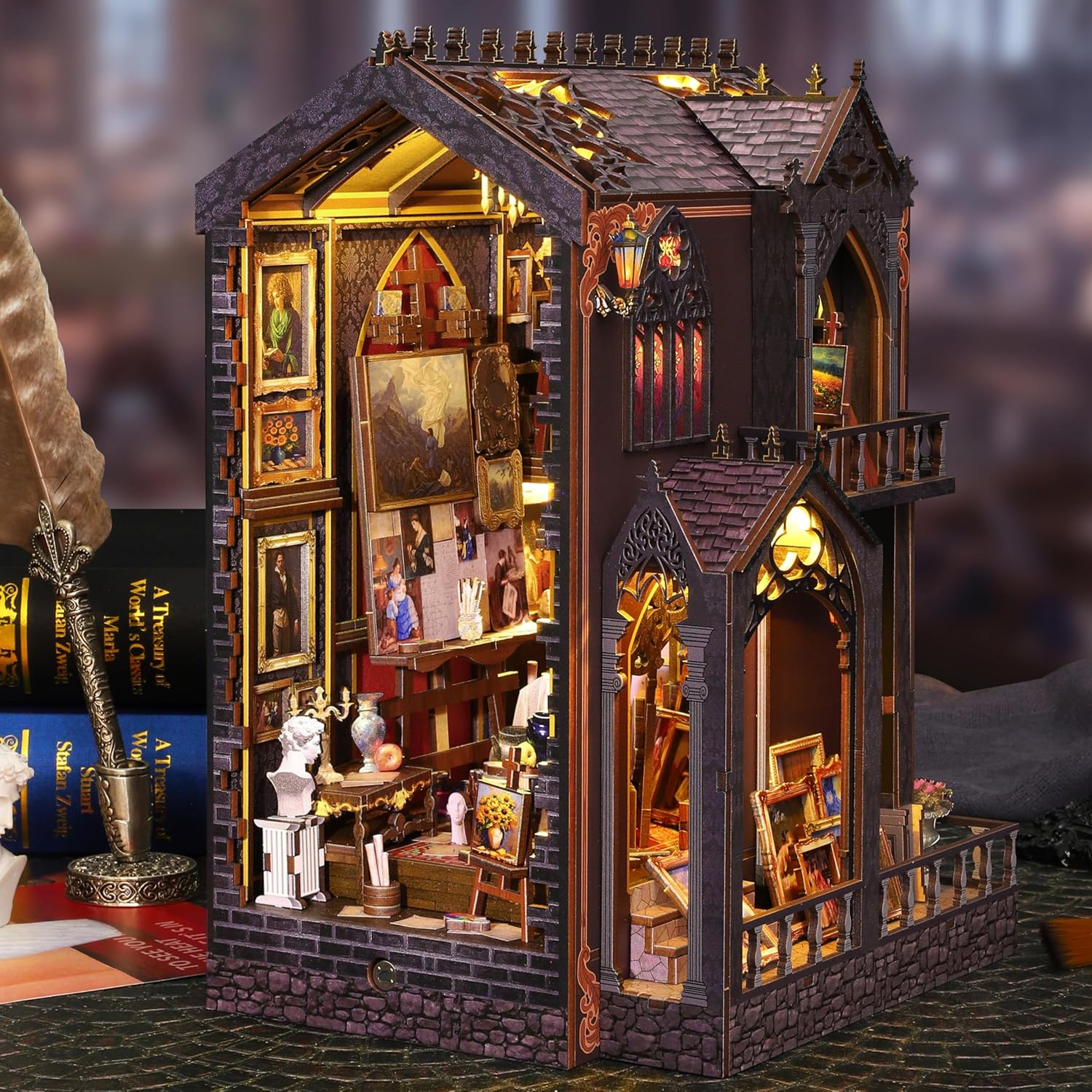 ISSEVE Book Nook Kit - DIY Miniature Dollhouse Booknook for Adults Teen, 3D Wooden Puzzle Tiny House Kit Bookshelf Decor, Gifts for Men Women Halloween Christmas Birthday (Art Studio)