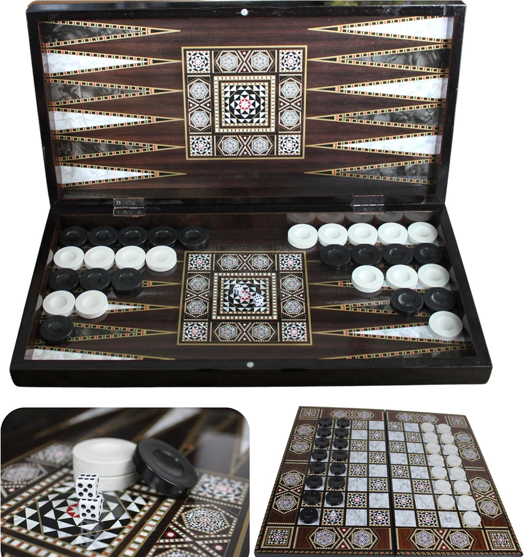 Park Oz Pearl Premium Turkish Backgammon and Checkers Set 19 Inch Handmade 2 in 1 Wooden Board Game with Glossy Finish Luxury Checkers and Dice Travel Friendly and Foldable