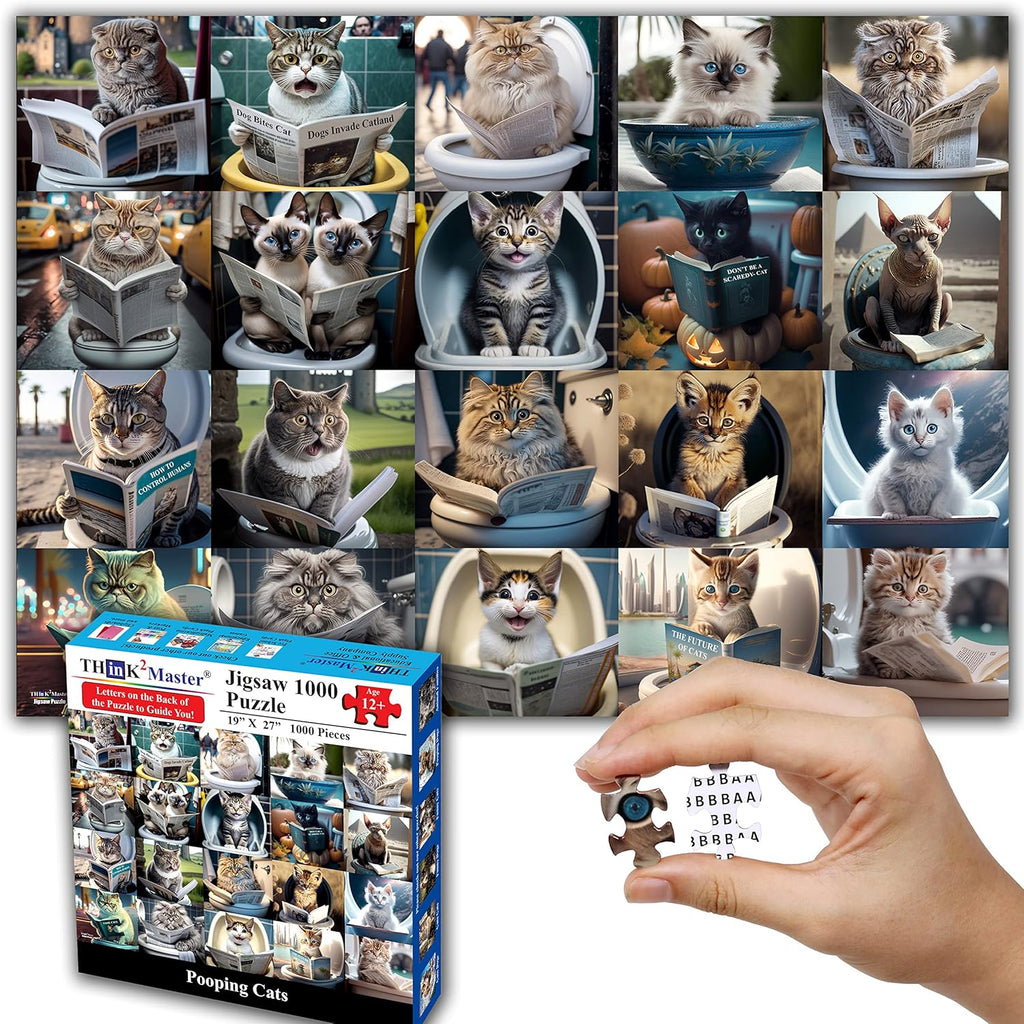 Think2Master Pooping Cats & Kittens 1000 Pieces Jigsaw Puzzle. Perfect Bathroom Decoration, Gag Gift. Fun for Teens, Seniors & Families. Great Gift for Kids Ages 13+. Size: 26.8” x 18.9”
