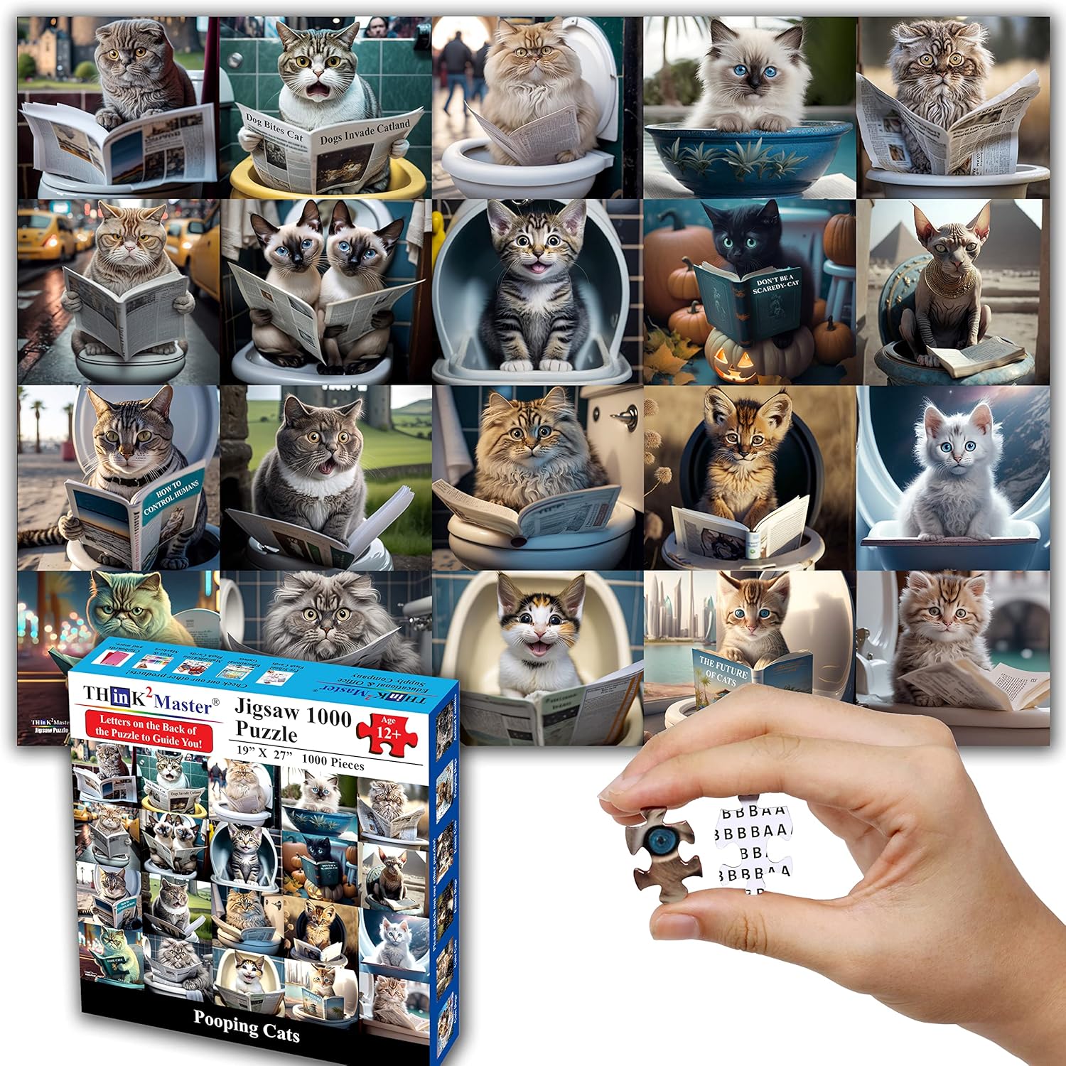 Think2Master Pooping Cats & Kittens 1000 Pieces Jigsaw Puzzle. Perfect Bathroom Decoration, Gag Gift. Fun for Teens, Seniors & Families. Great Gift for Kids Ages 13+. Size: 26.8” x 18.9”