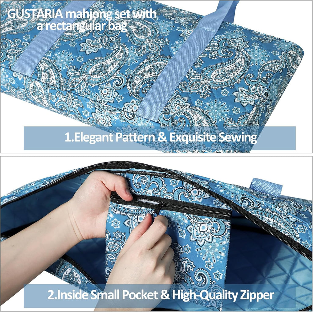 American Mahjong Game Set, 166 Quality White Tiles, 4 All-in-One Color Rack/Pushers, Mahjong Tile Set with Light Blue Printed Carrying Bag