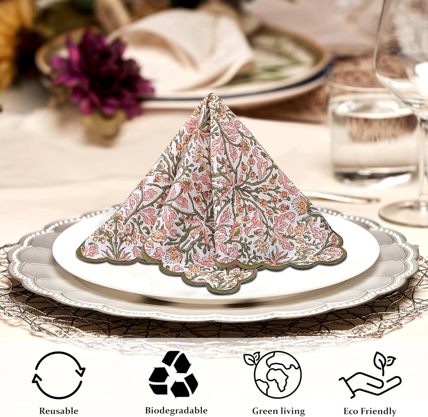 Ridhi Sassy Salmon Pink Hand Block Print Napkins 18" x 18" Set of 4 Reusable Cotton Dinner Napkins for Weddings, Parties & Everyday Dining, Thanksgiving, Christmas, Fall