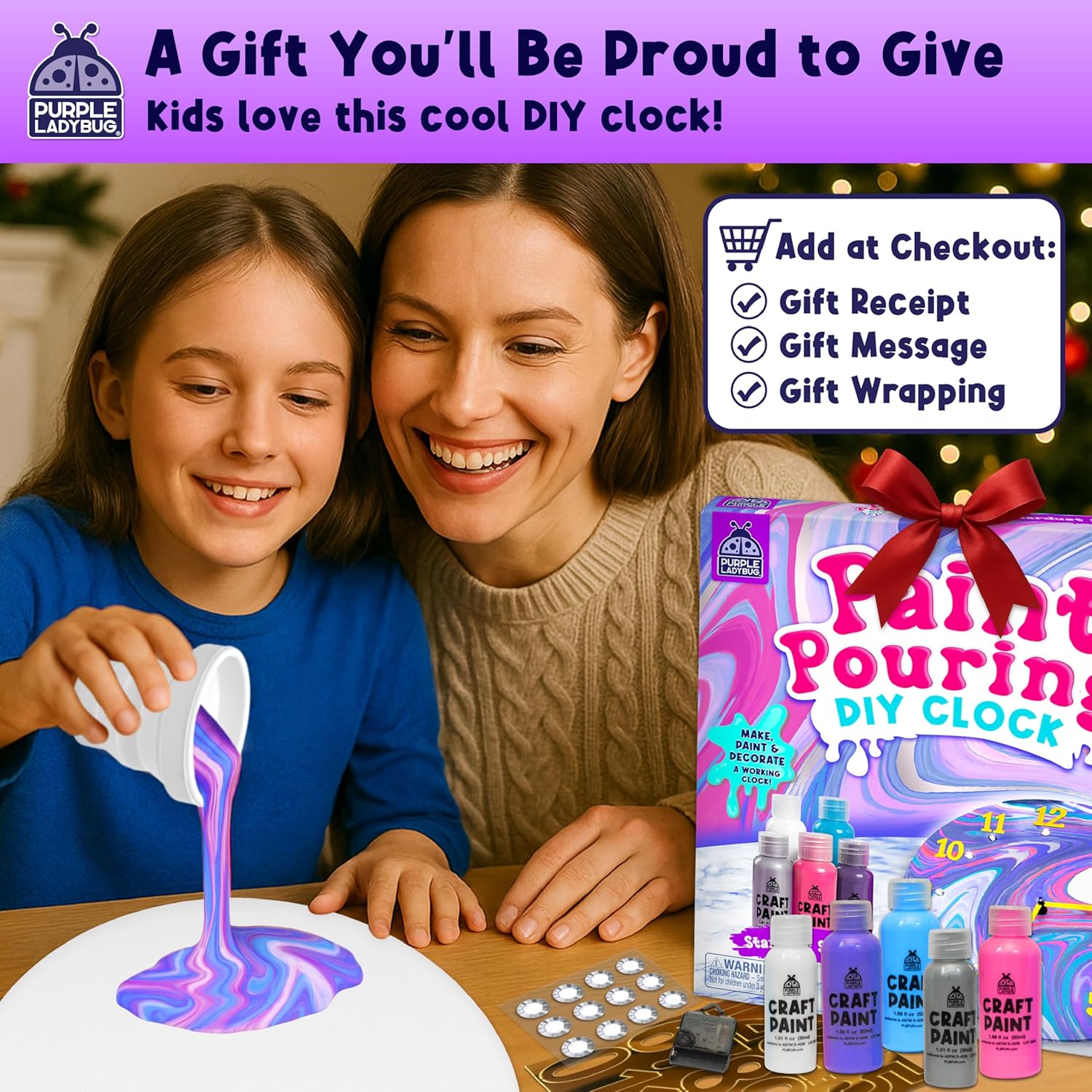 Paint Pouring DIY Clock Kit - Complete Decorate & Painting Kit for Kids 6-8 - Creative Arts & Crafts for Girls Age 10-12 - Christmas Boys & Girls Gifts 8-12 Years Old - Tween & Teen Girl Gifts Ideas