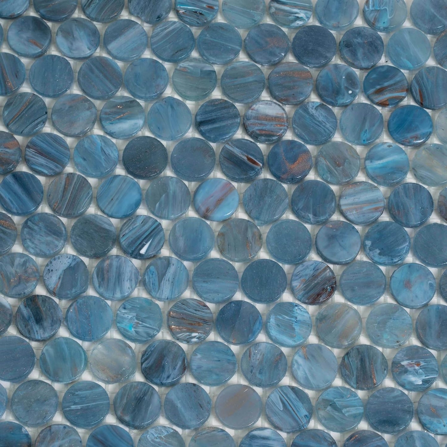 Denim Blue Penny Round Mosaic Glass Tile – 12.2 x 12.2 Inch - 10 Sheet Pack - Luxurious Design for Bathroom Walls, Kitchen Backsplash, Shower Walls - Elegant Wall Decor - NOT Peel and Stick Tile