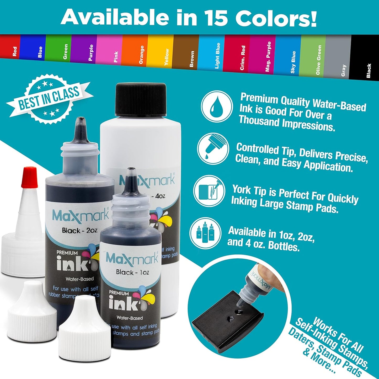 MaxMark Premium Refill Ink for self Inking Stamps and Stamp Pads, Black Color - 4 oz.