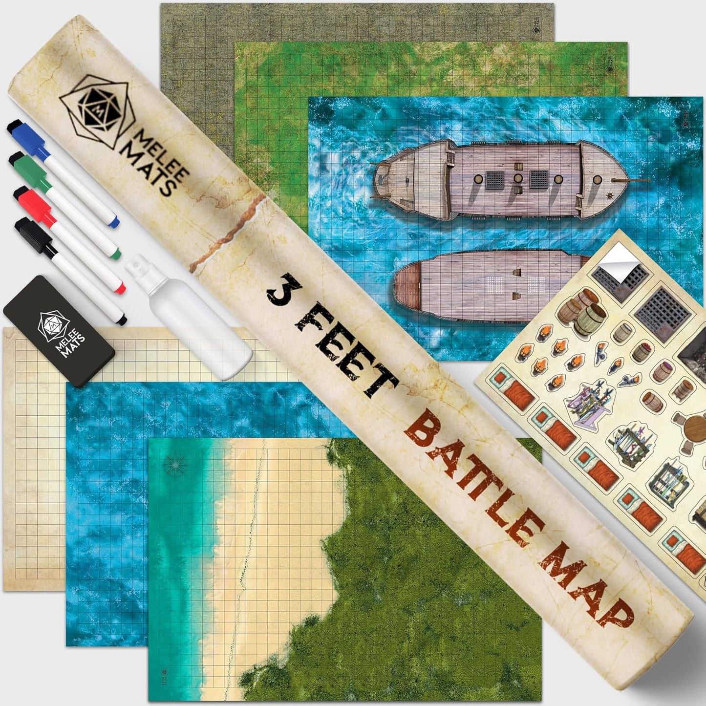Melee Mats DND Map Starter Kit for Dungeons and Dragons Game - 24” x 36" 3 Pack Double Sided, Wet/Dry Erase Battle Terrain Grid - Ultimate Tabletop Board Gaming Experience with Accessories