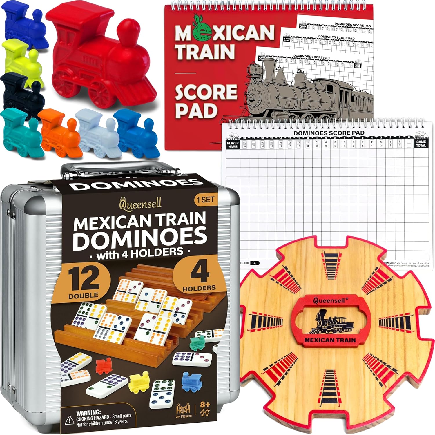 Queensell Dominoes Double 12 with 4 Holders + Wooden Hub + Score Pad + Metal Trains