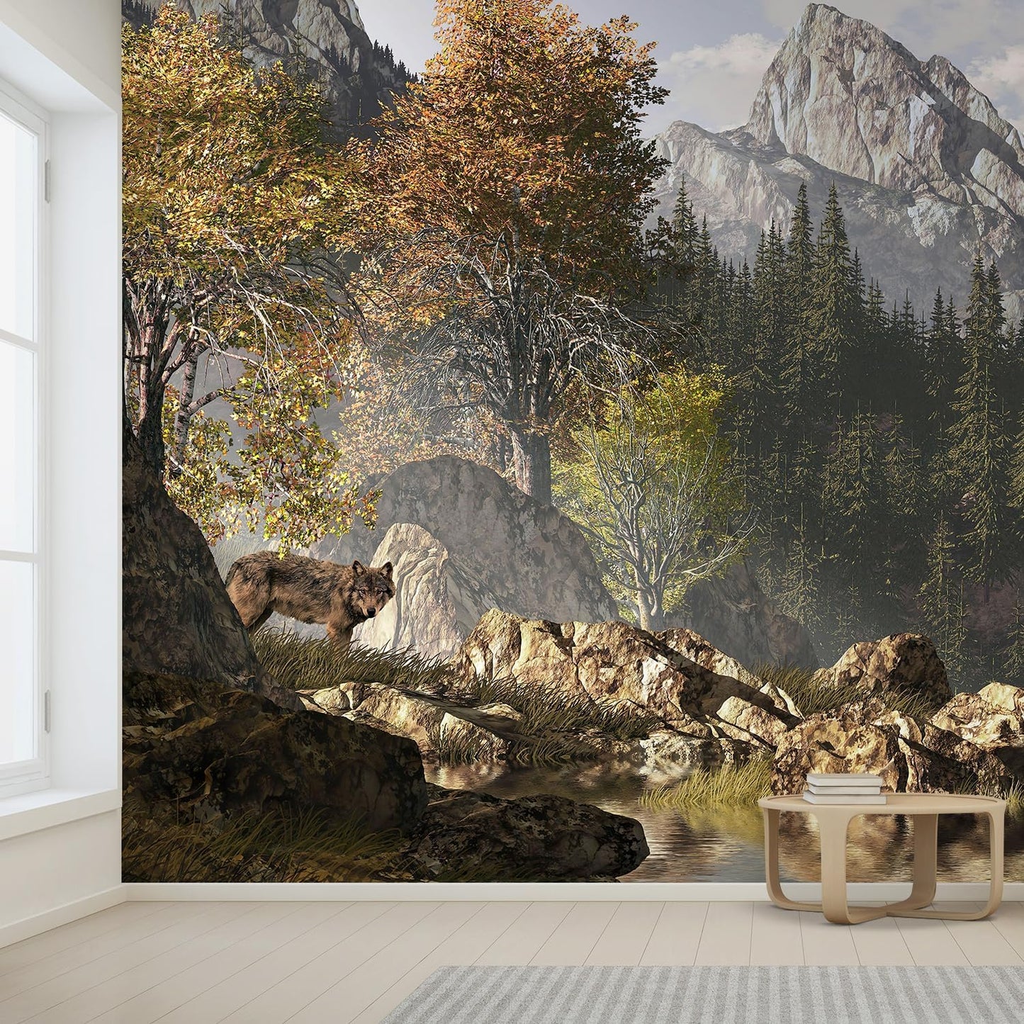 wall26 - Wolf Near a Lake in a Rocky Mountain Landscape. - Removable Wall Mural | Self-Adhesive Large Wallpaper - 100x144 inches