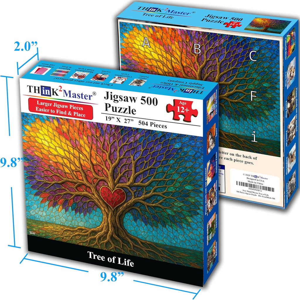 Think2Master Colorful Vibrant Stained Glass Style Artwork Tree of Life 500 Pieces Large Format Jigsaw Puzzle: Kids 12+, Teens, Adults & Families. Great Gift. Size: 26.8” X 18.9”