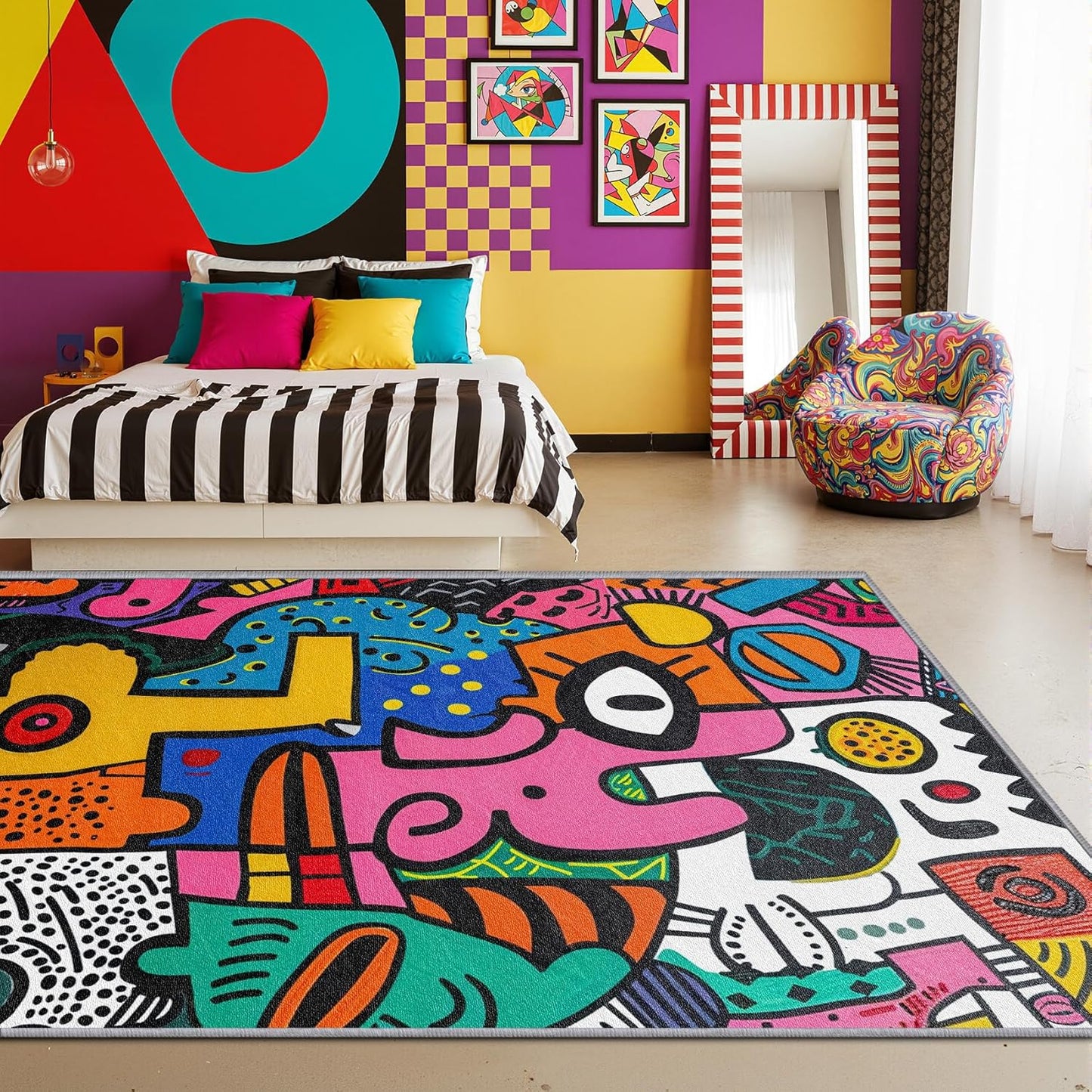 Colorful Rugs for Living Room - Abstract Area Rugs 7x10, Pop Art Graffiti Multicolor High Traffic Lightweight Extra Large Carpet Home Decor