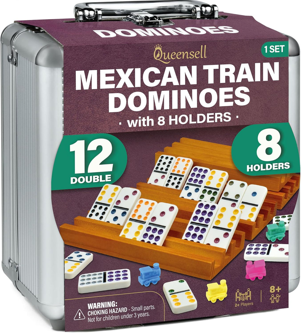 Queensell Mexican Train Dominoes Set with 8 Holders - Wooden Hub and Tiles Holders - Double 12 Tiles with Dots (D12 + 8 Holders)
