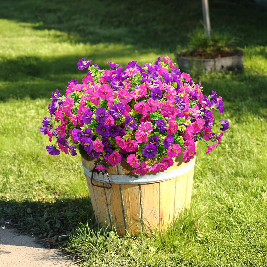 Artificial Flowers Fake Plants for Outdoors Decoration, 12 Bundles Silk Morning Glory with Eucalyptus Realistic UV Resistant Faux Flowers for Outside Planter Porch Yard Patio Garden Home Indoor, Mix