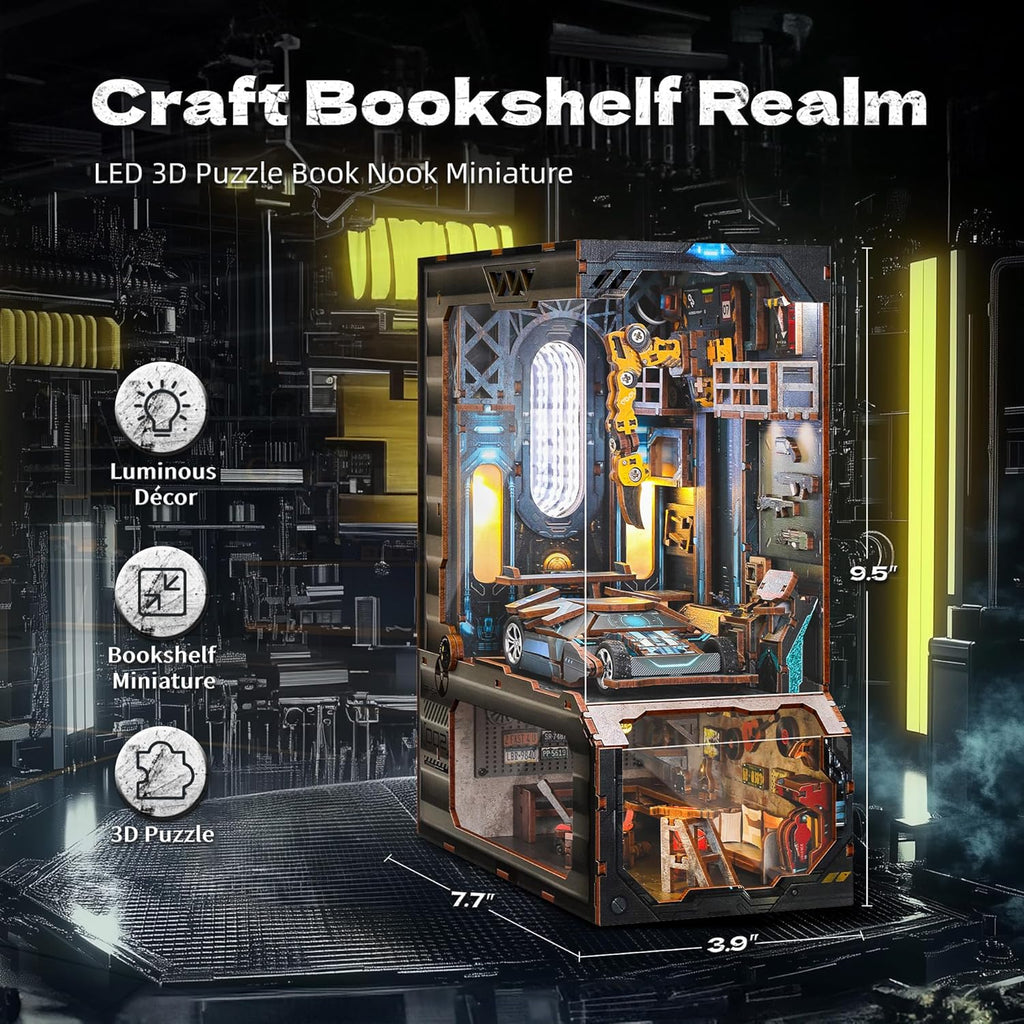 3D Wood Puzzle Book Nook Kit, Automobile Workshop Miniature Bookshelf Insert Décor with LED Lights, DIY Mechanical Model for Display, Unique Craft for Adults and Teens (Automobile Workshop)