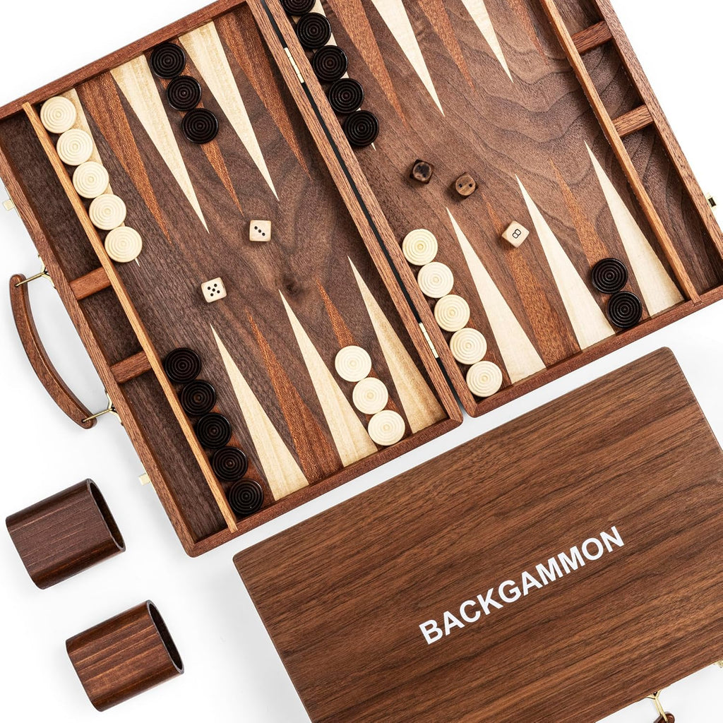 ropoda Sapele Wood Backgammon Board Game Set (15 Inches) for Adults and Kids - Classic Board Strategy Game - Portable and Travel Backgammon Set with Wooden Playing Pieces and Accessories