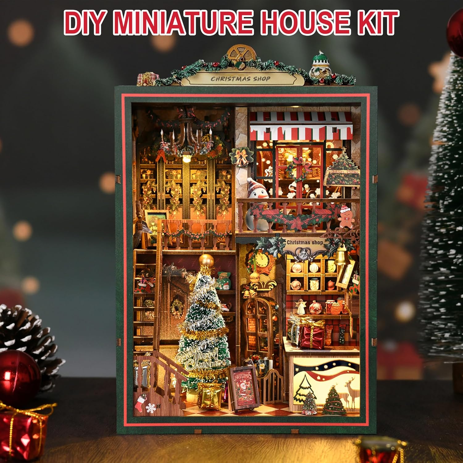 ISSEVE Book Nook Kit - DIY Miniature House Kit for Adults Teens Beginners, Christmas Dollhouse Booknook with Music Mechanism Tiny House Bookshelf Decoration 3D Wooden Puzzles (Christmas Shop)