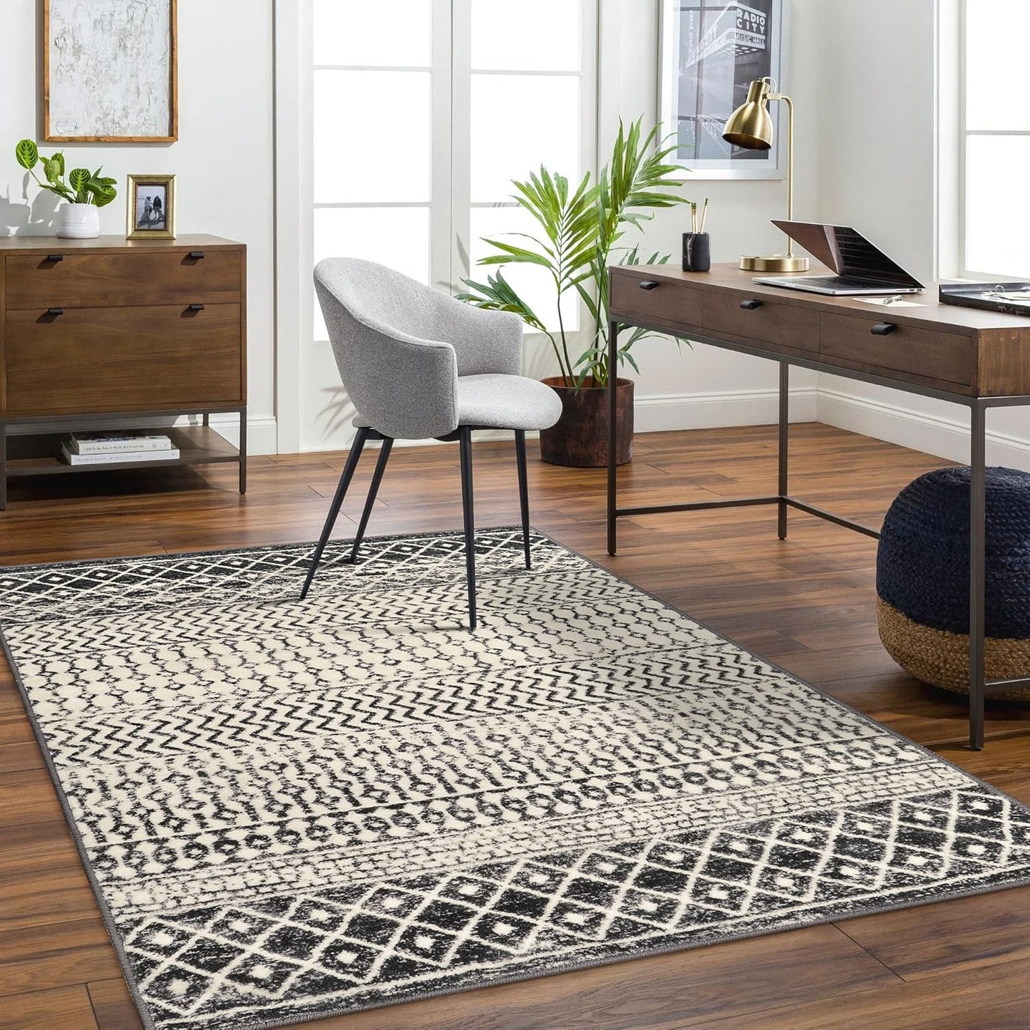 Moroccan Large Area Rug 5x7, Washable Non-Slip Black Distressed Tribal Living Room Rug, Soft Low-Pile Dining Room Rug Traditional Farmhouse Carpet for Bedroom Dorm Office Home Decor