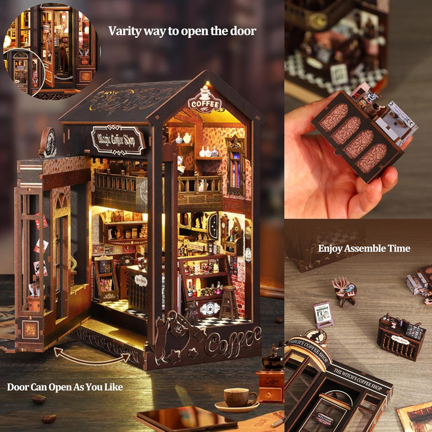 ISSEVE Book Nook Kit - DIY Miniature Dollhouse Booknook for Adults Teen, 3D Wooden Puzzle Tiny House Kit Bookshelf Decor, Gifts for Men Women Halloween Christmas Birthday (Coffee Shop)