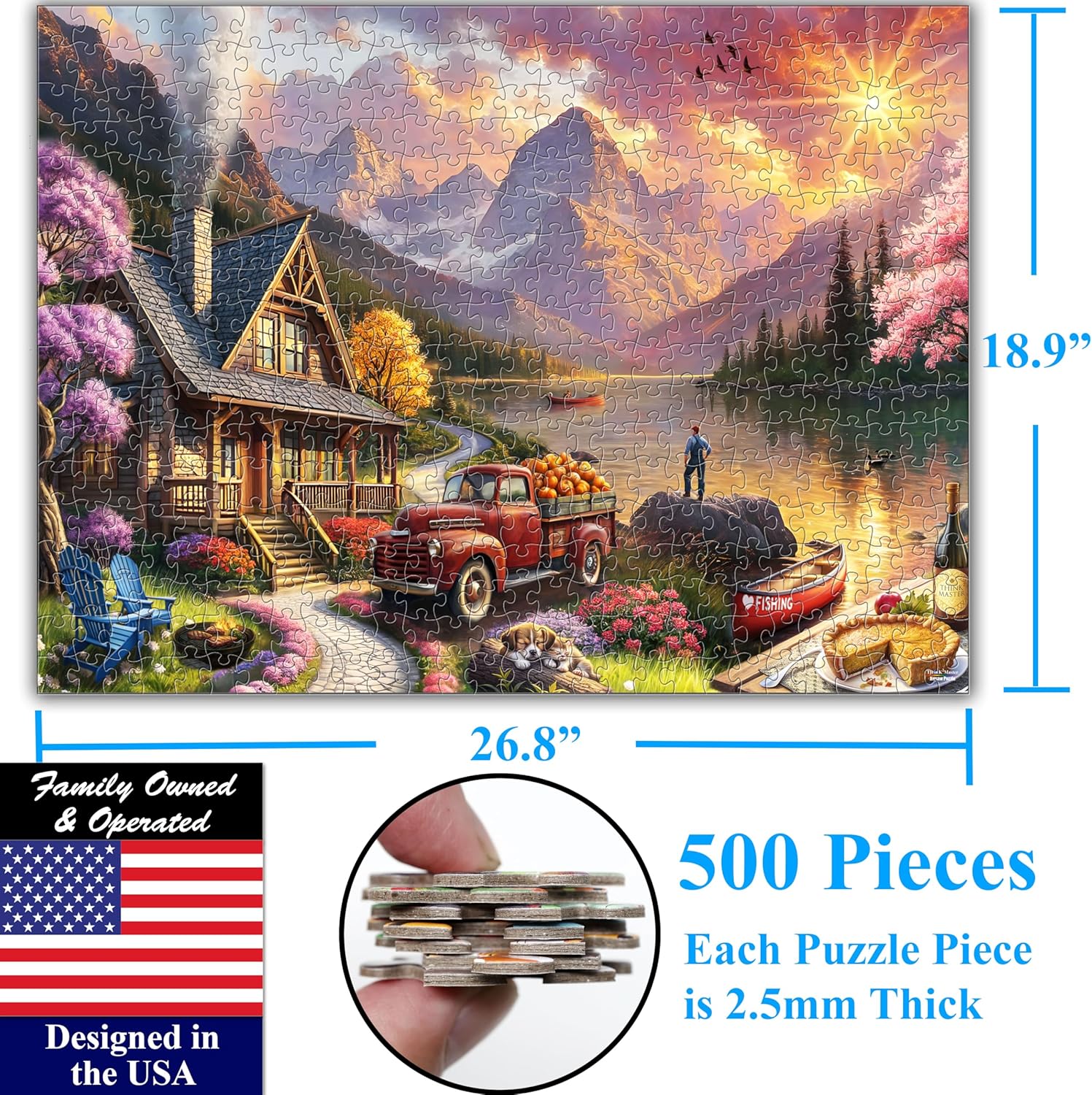 Think2Master Lakeside Mountain Retreat 500 Pieces Large Format Jigsaw Puzzle: Kids 12+, Teens, Adults & Families. Escape to a World of Tranquility and Rustic Charm. Great Gift. Size: 26.8” X 18.9”