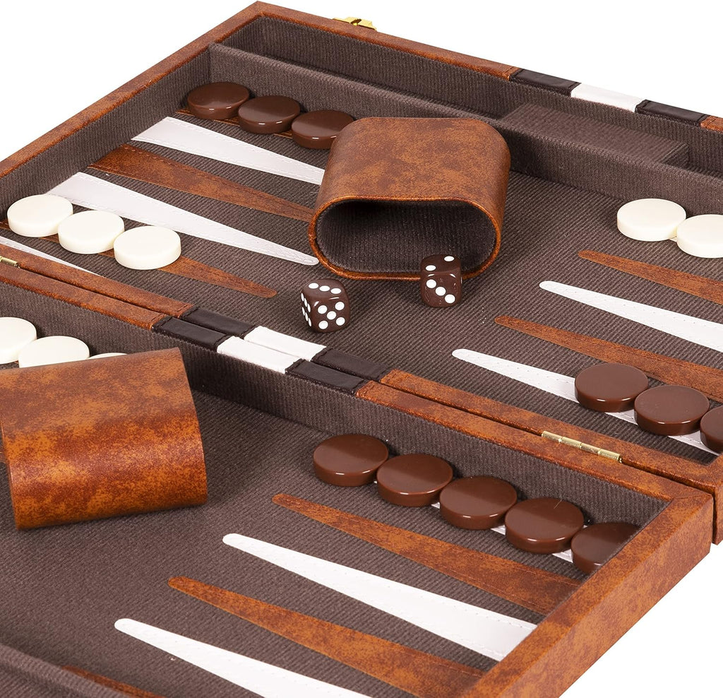 Backgammon Set - 11 inches Classic Board Game for Adults and Kids with Premium Leather Case - with Strategy & Tip Guide (Brown, Small)