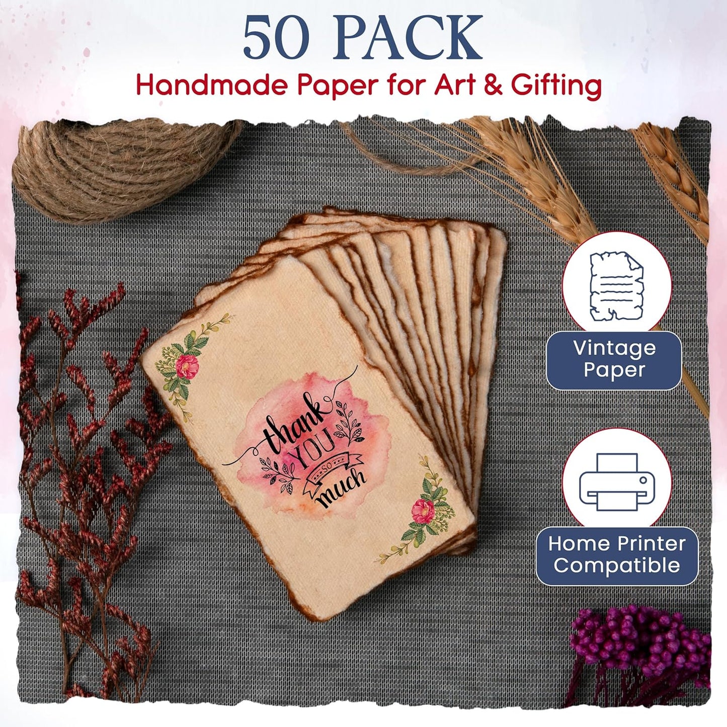 Wanderings Vintage Handmade Deckle Edge Cards - 2"x3.5" - 150 GSM - 50 Pack Blank Cards - Ideal for Place Cards, Name Cards for Table Setting, Thank You Notes, Gift Tags