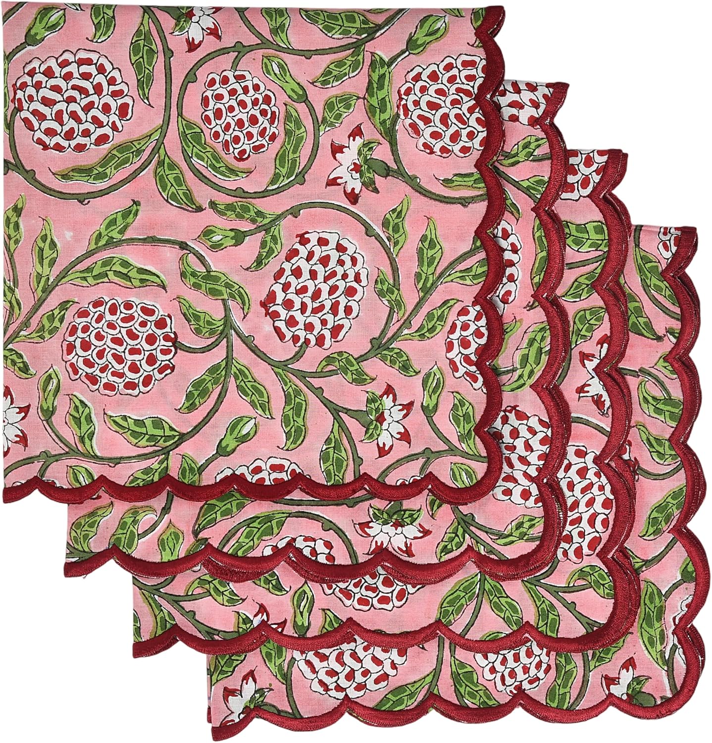 Ridhi Strawberry Pink Hand Block Print Napkins 18" x 18" Set of 4 Reusable Cotton Dinner Napkins for Weddings, Parties & Everyday Dining, Thanksgiving, Christmas, Fall