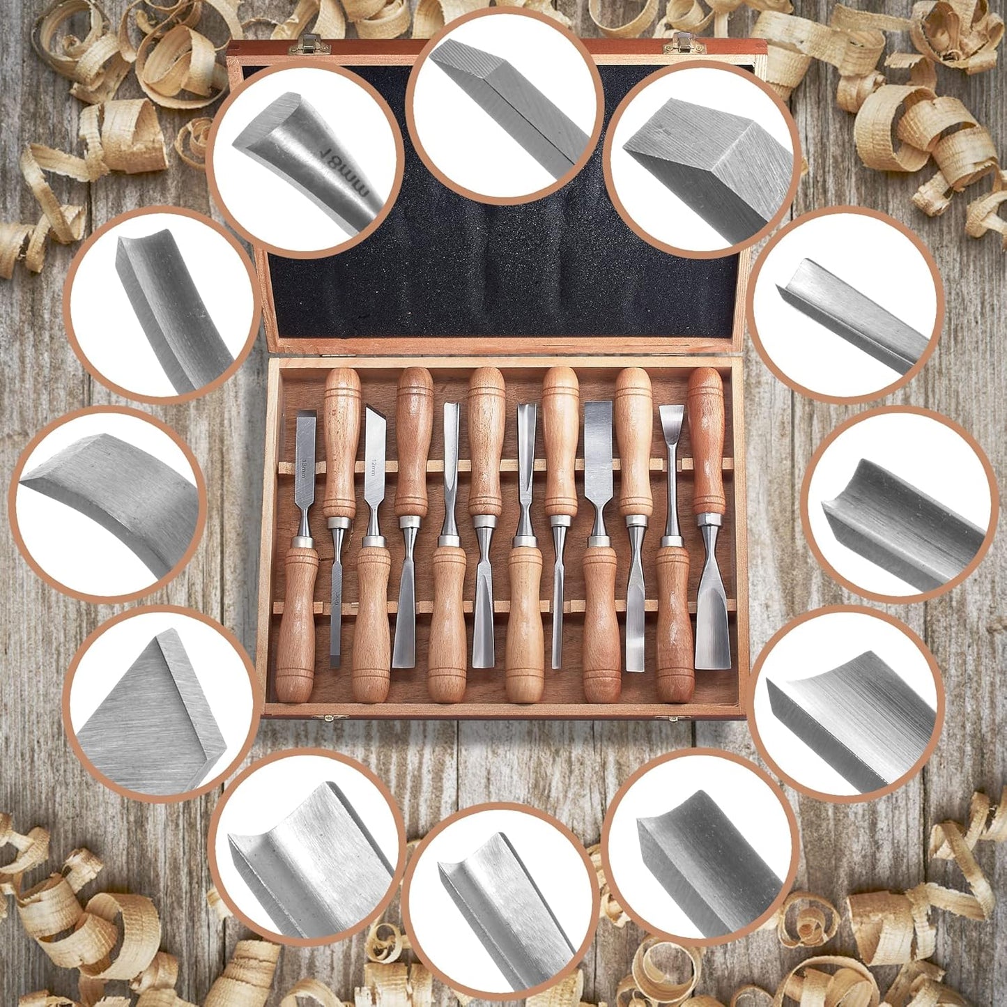 SELFIE CAT 12 Piece Wood Chisel Set for Woodworking Tools Wood Carving Tools with Wooden Case Wood Carving Kit for Beginners and Professionals
