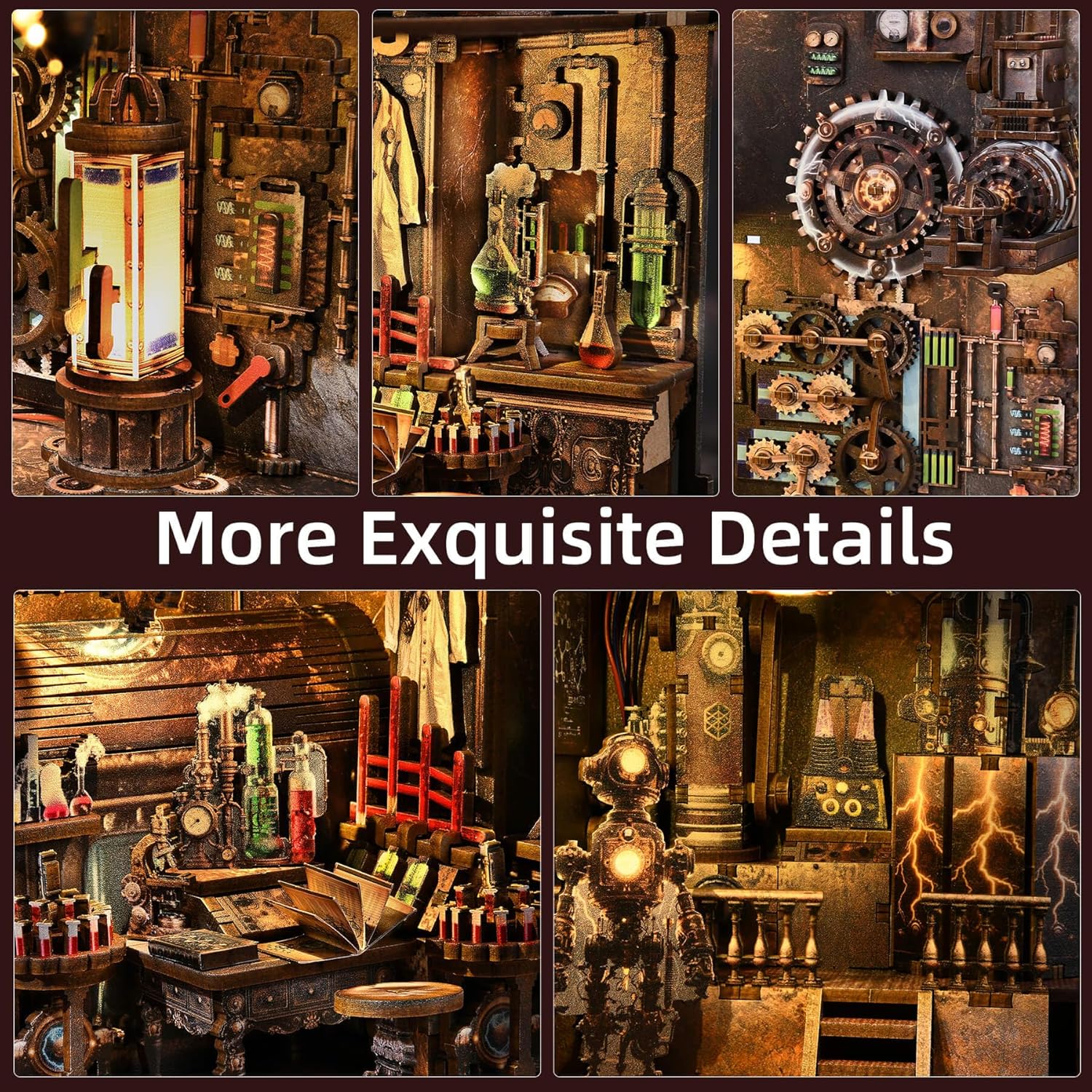 Book Nook Kit, Steampunk DIY Booknook Kits for Adults and Teens, 3D Wooden Puzzle Bookend Miniature Dollhouse Kit Creative Bookshelf Insert Decor with LED Light (Mad Scientist's Lab)