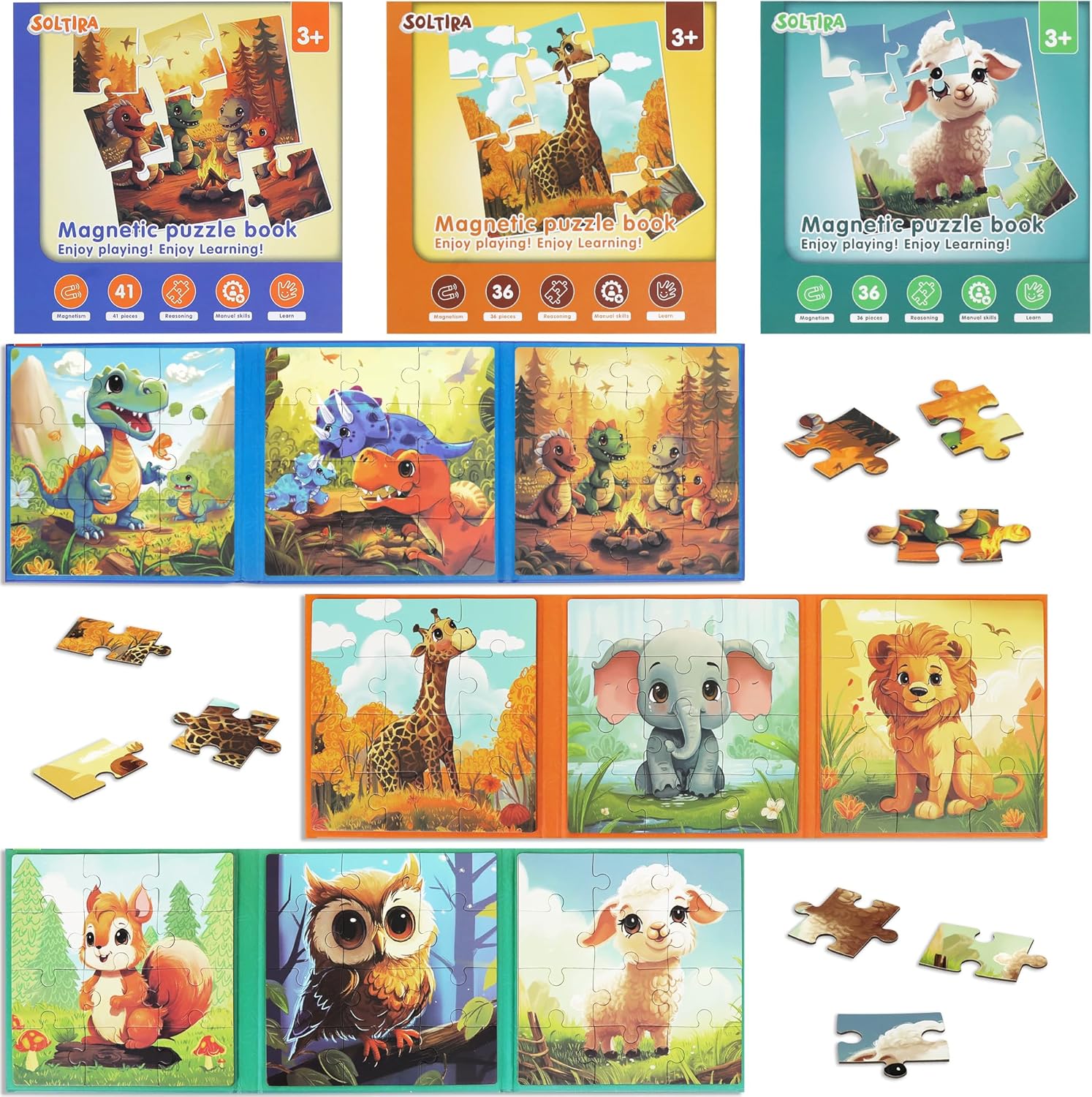 Puzzles for Kids Ages 3-5 3PK-113PCS-9 Animal Themes Magnetic Puzzles for Kids 4-6 Travel Puzzle for Airplane/Car/Road Trip/Gift Toys for 3 4 5 6 Year Old Girls and Boys