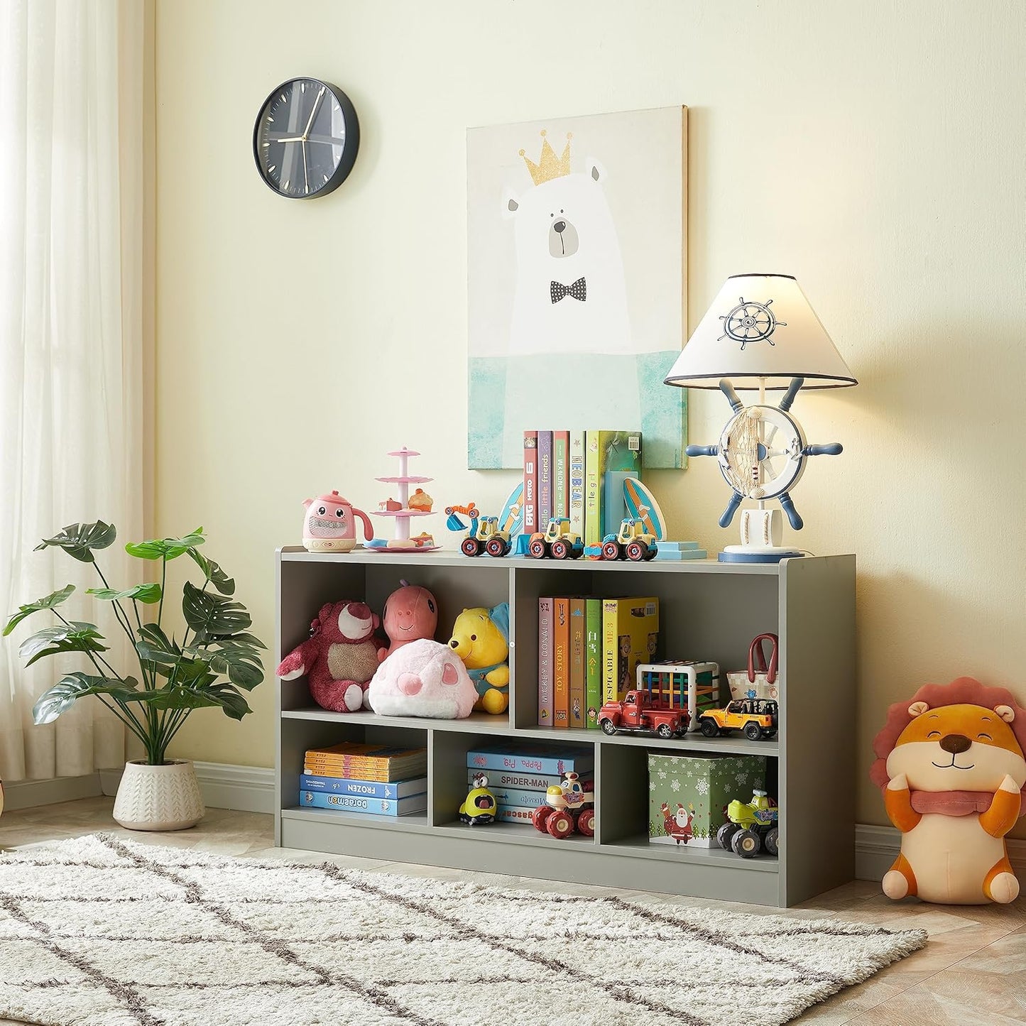Kids Toy Storage Organizer, 5-Section Storage Cabinet for Organizing Books Toys, Wooden Bookshelf Daycare Furniture for School, Classroom Playroom, Nursery, Kindergarten (Gray)
