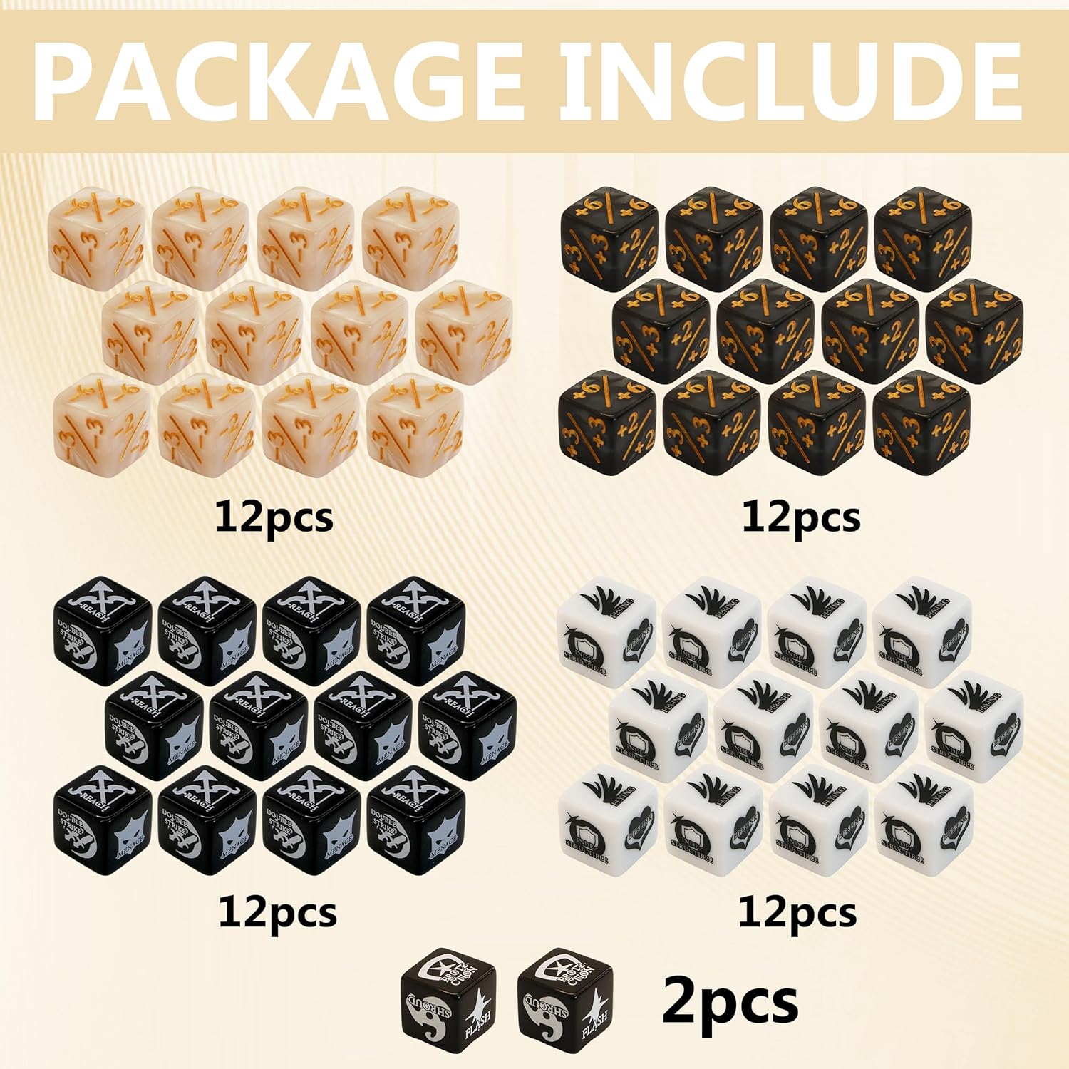 MTG dice Set with counters for Final Fantasy MTG - 50 dice Including keyword, +1 to +6, and -1 to -6 counters - Comes with Storage Box and Pouch (Pattern Version)