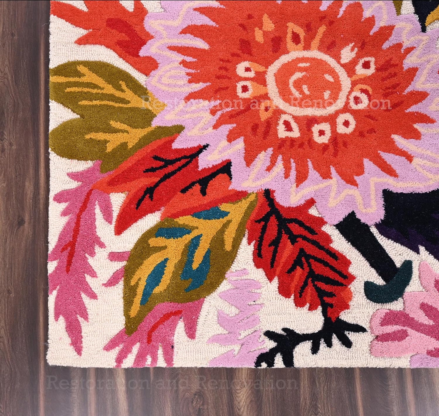 Handmade Wool Floral Area Rug for Living Room | Elegant Flower Garden Design, Soft, Thick and Durable | Bedroom, Dining Room & Home Decor Carpet (5' Round, Floral E)