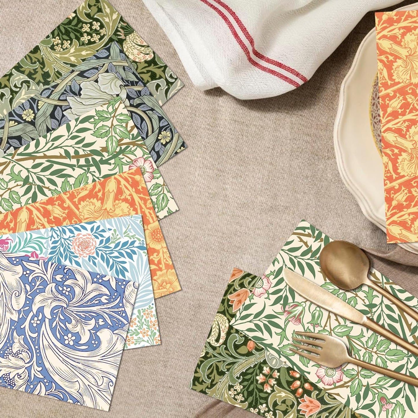 120PCS William Morris Floral Paper Napkins - 6 Vintage Wildflower Disposable Hand Towels for Bathroom, Dinner, Picnic, Wedding | 4.5"x8" | Disposable Napkins for Daily Use, Family Gatherings