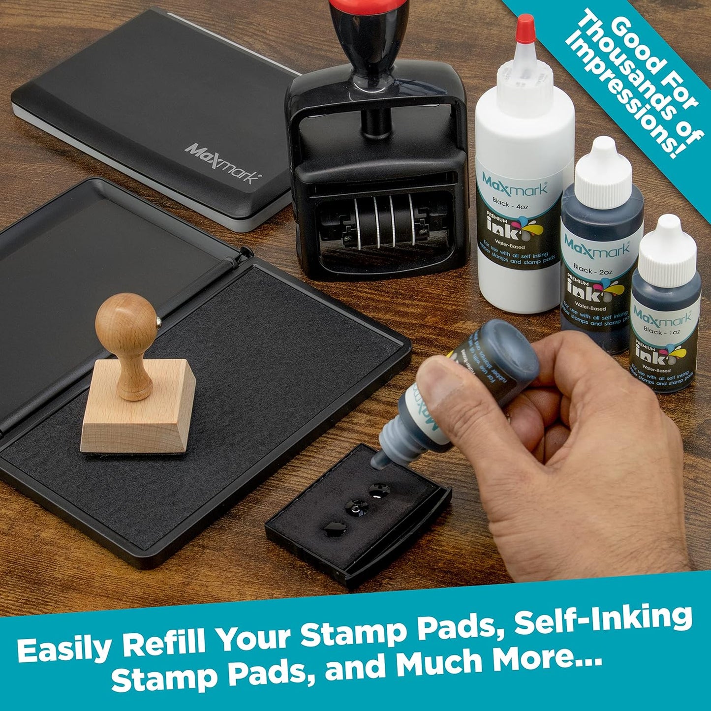 MaxMark Premium Refill Ink for self Inking Stamps and Stamp Pads, Blue Color - 4 oz.