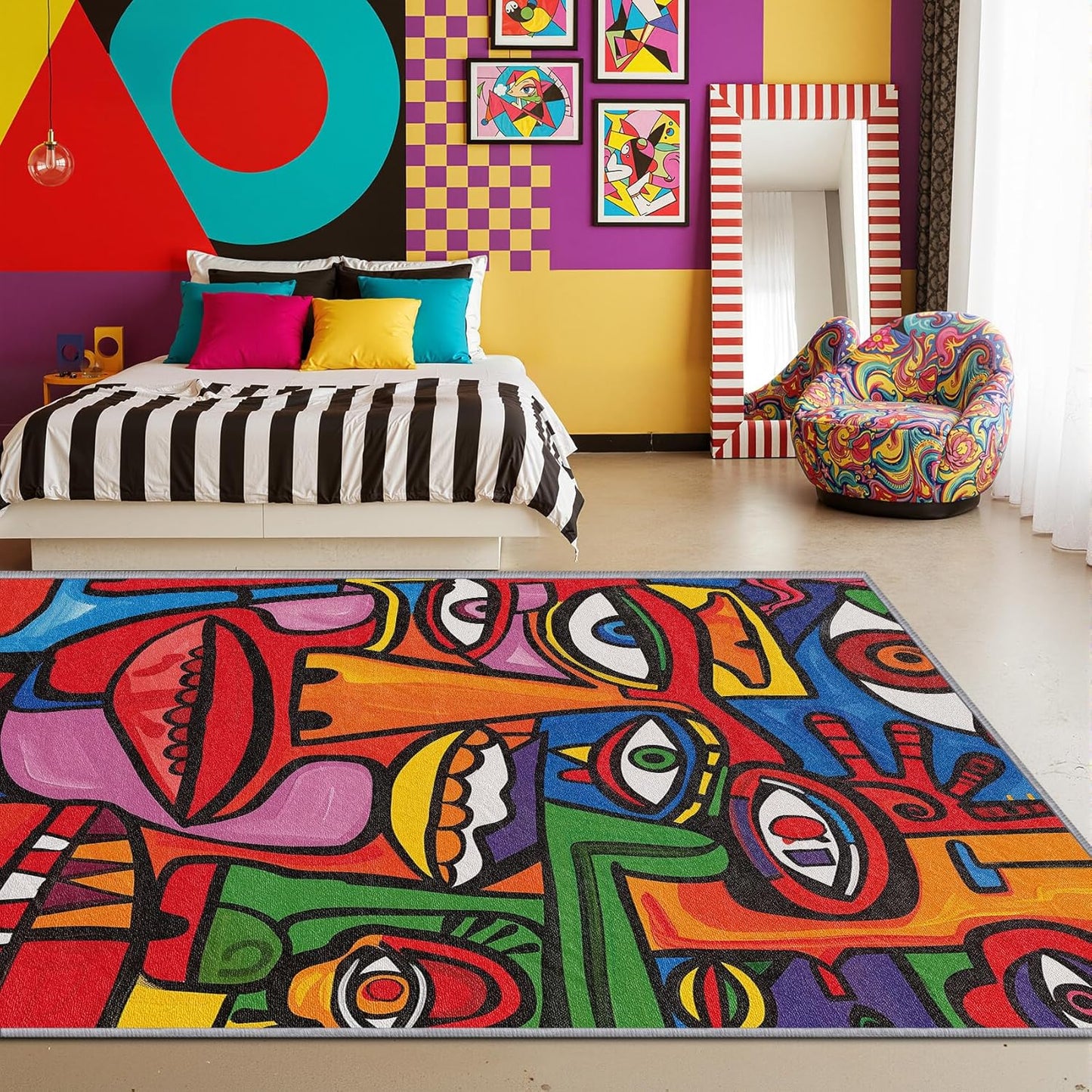 Abstract Rugs for Bedroom - 5x7 Rug - Abstract Rug - Colorful Graffiti Area Rug - Modern Geometric Pop Art Rugs - Multicolor Artistic Carpet - Home Decor