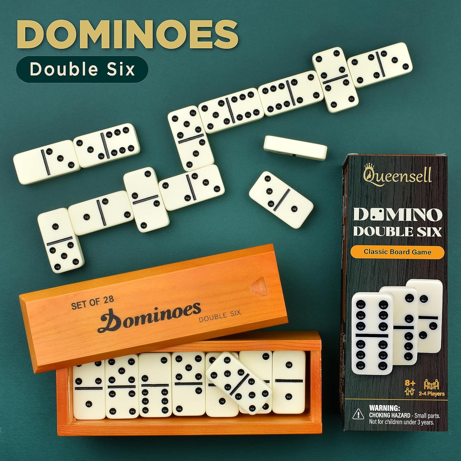 Queensell Jumbo Dominoes Set for Adults and Kids – Domino Set for Classic Board Games – Jumbo Dominoes Double 6 for Travel Games – Dominos Set for Adults 28 Tiles