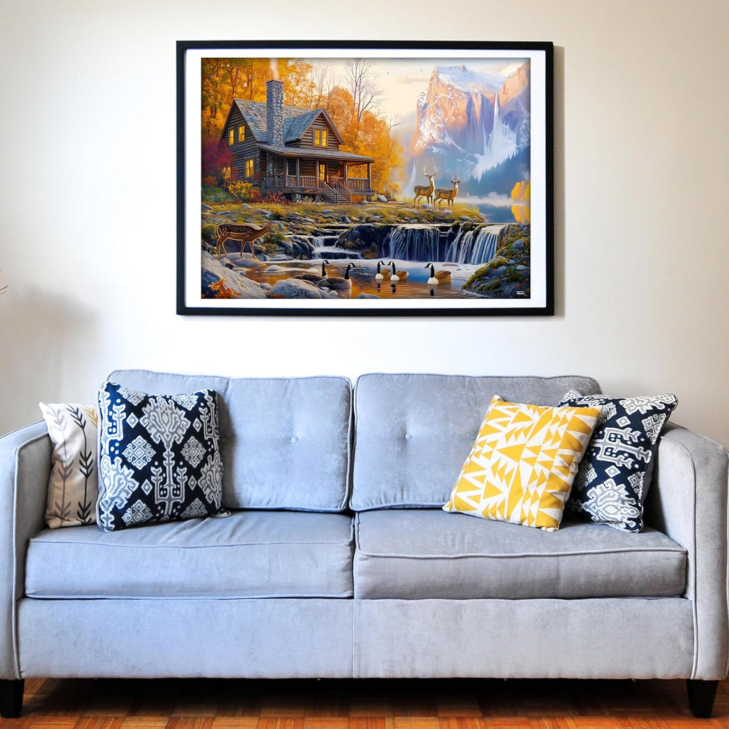 Think2Master Cabin by The Falls 500 Pieces Large Format Jigsaw Puzzle: Kids 12+, Teens, Adults & Families. Scenic Autumn Mountain Landscape with Log Cabin, Waterfall. Great Gift. Size: 26.8” X 18.9”