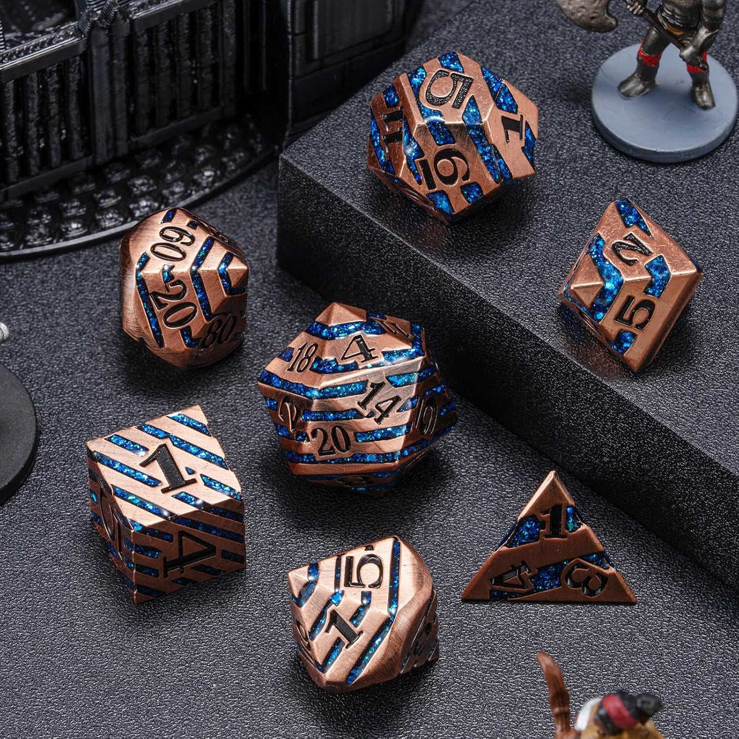 Metallic Glitter Stripes D&D Dice Set,7 PCS Polyhedral Dice Set with Gift Metal Box for Dungeons and Dragons,DND Metal Dice for Tabletop Game (Antique Copper Blue)