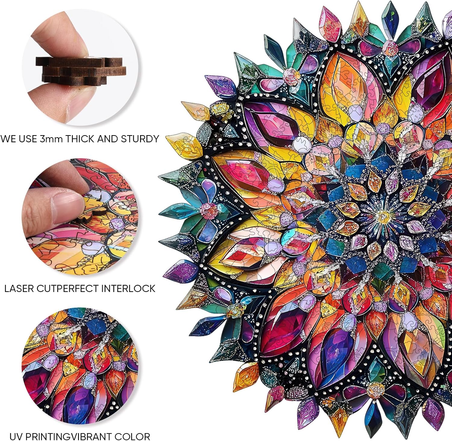 Wooden Jigsaw Puzzles 500 Pcs - Diamond Mandala Wooden Puzzles for Adults, Luxurious Shaped Wood Puzzle, Beautiful Package, Best Gift for Adults and Kids, Family Game, 16.7'' x 16.7''