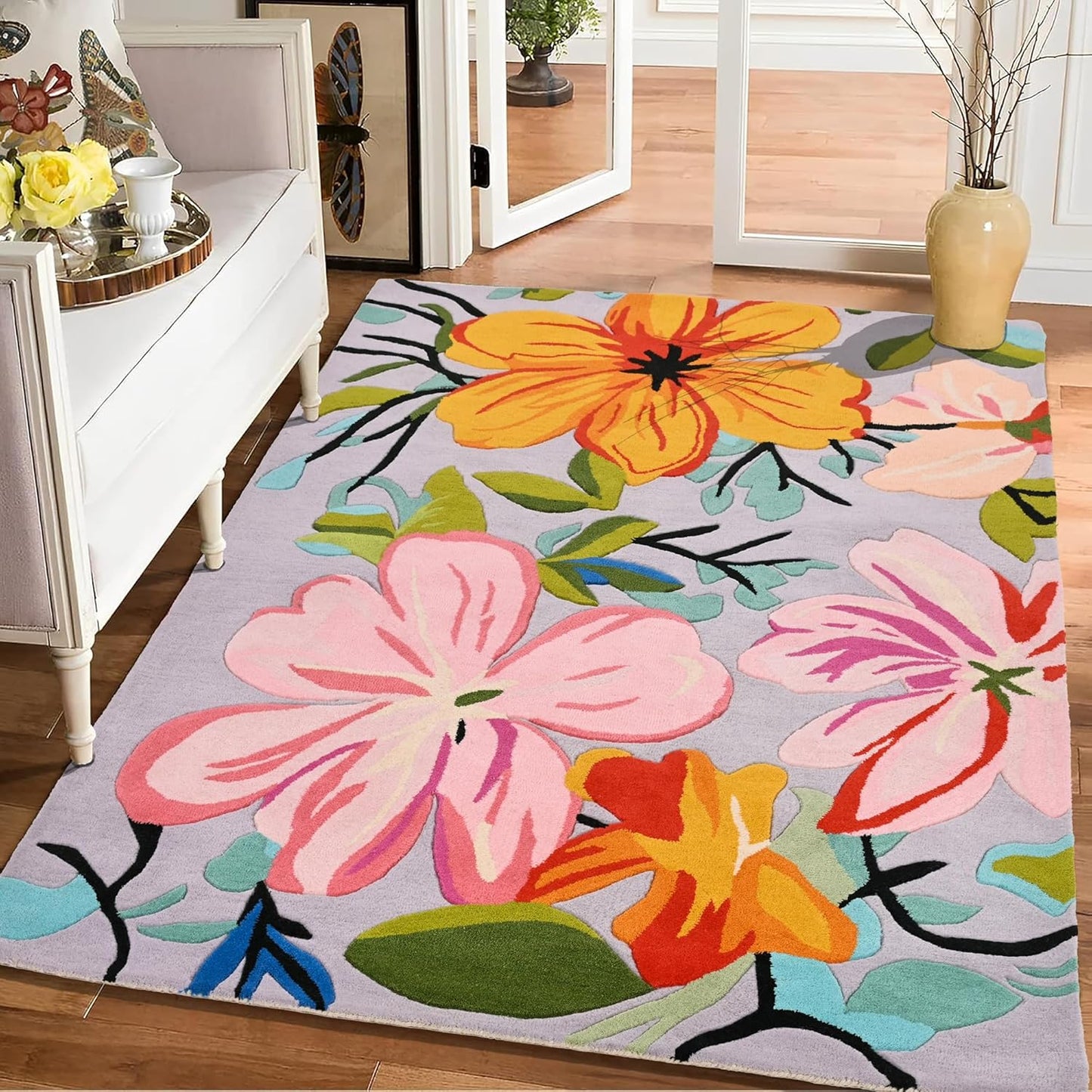Handmade Wool Floral Area Rug for Living Room | Elegant Flower Garden Design, Soft, Thick and Durable | Bedroom, Dining Room & Home Decor Carpet (8' Round, Floral K)