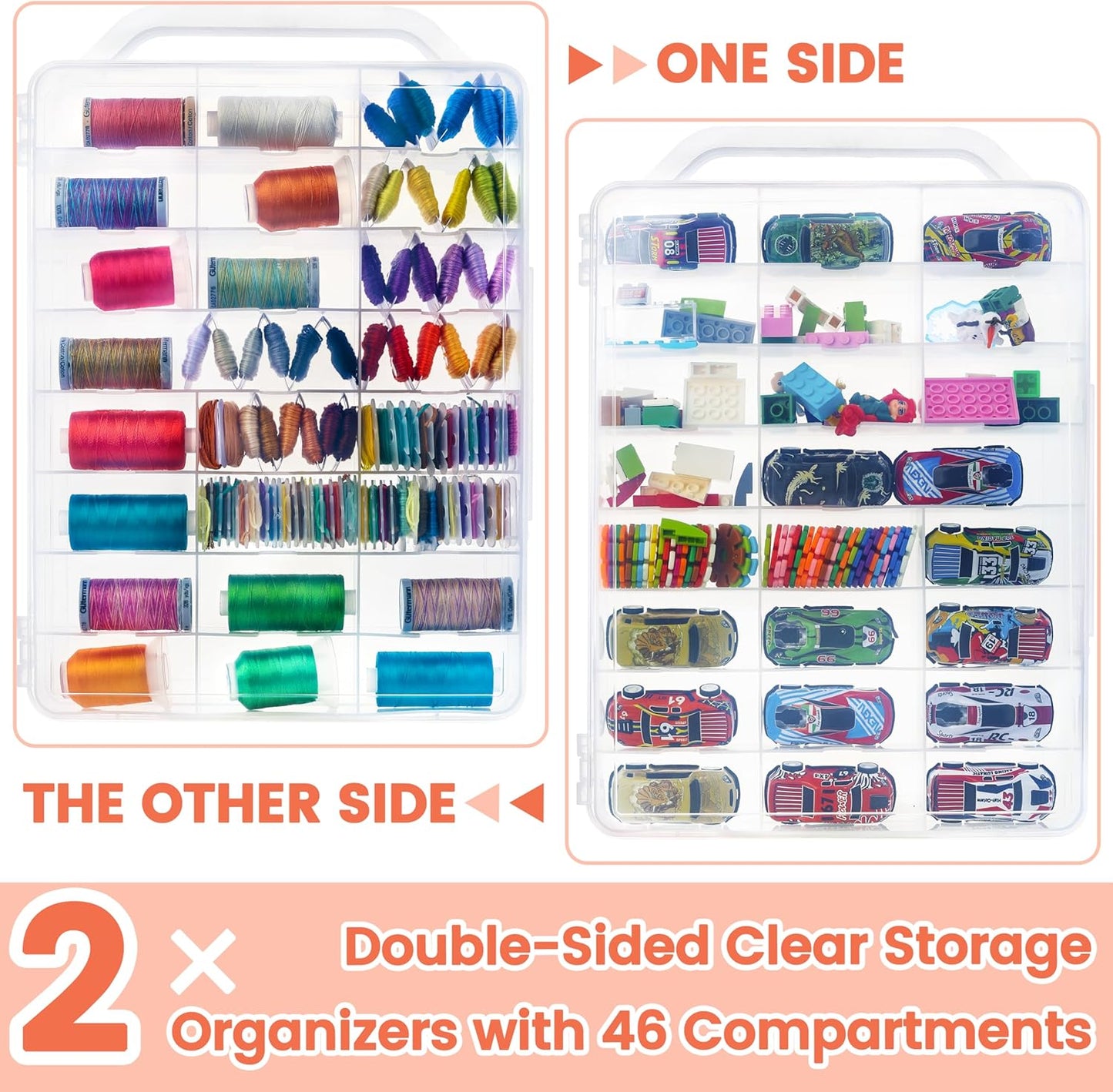 New brothread Pack of 2 Double-Sided Sewing Organizers, Thread Storage Boxes with 2x46 Grids, Clear Organizer Boxes for Embroidery Sewing Thread, Embroidery Floss, Needle, Beads, Small Crafts,Toy Cars