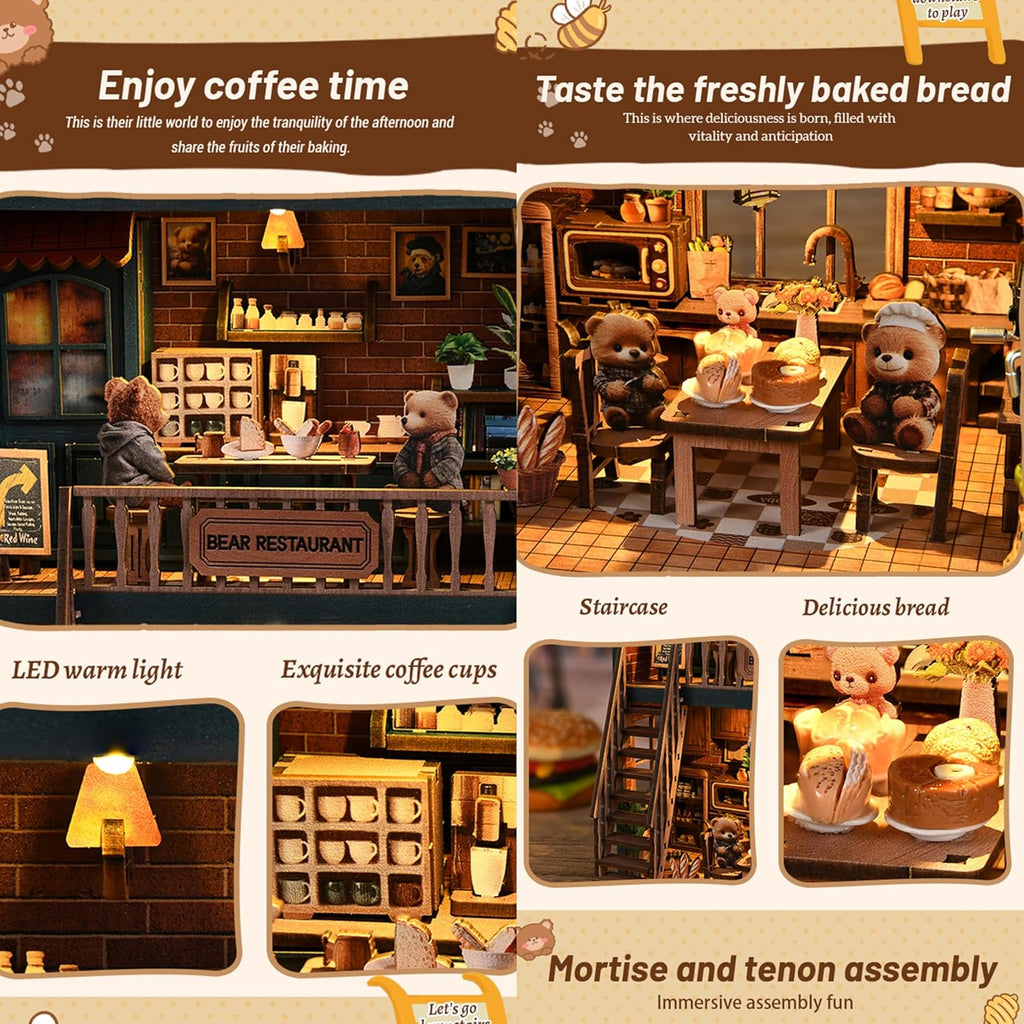 ISSEVE Book Nook Kit - DIY Miniature House Kit for Adults, Teens and Beginners, Dollhouse Booknook Craft Tiny House Bookshelf Decor 3D Wooden Puzzle, Gifts for Friends Family (Bear Restaurant)