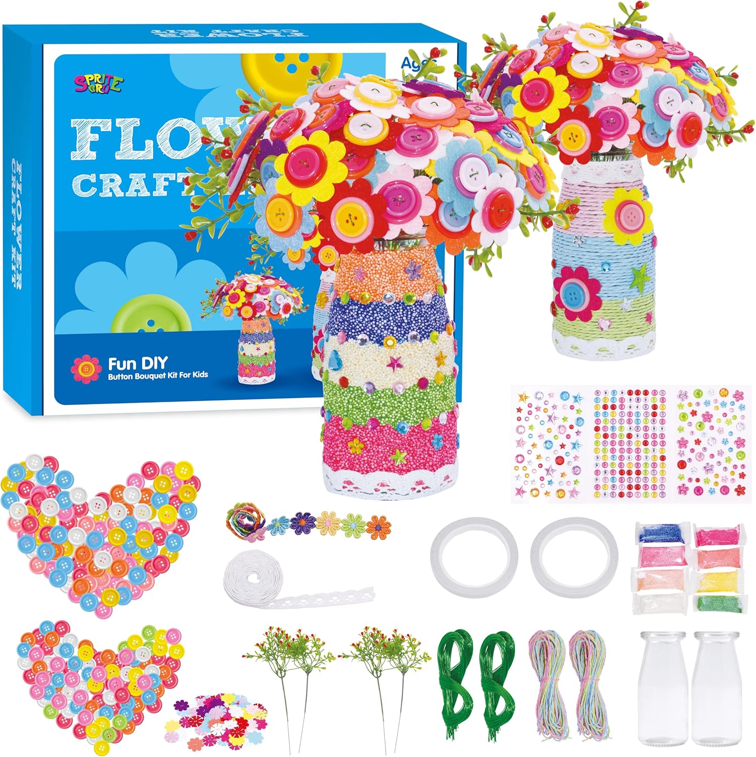 SpriteGru Flower Craft Kit for Kids, Make Your Own Flower Bouquet with Buttons and Colorful Petals, Art Vase and Craft DIY Activity Gift for Boys & Girls Age 4 5 6 7 8 9 10 Year Old (2 Glass Vase)
